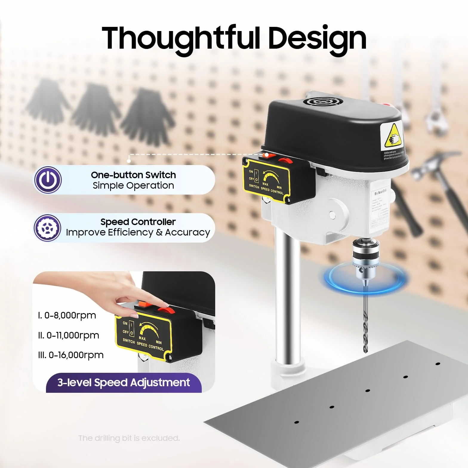 Mini taladro de mesa de 340 W, mini taladro con portabrocas de 1-10 mm, ajustable a 3 velocidades, taladro vertical para láminas de aluminio, madera