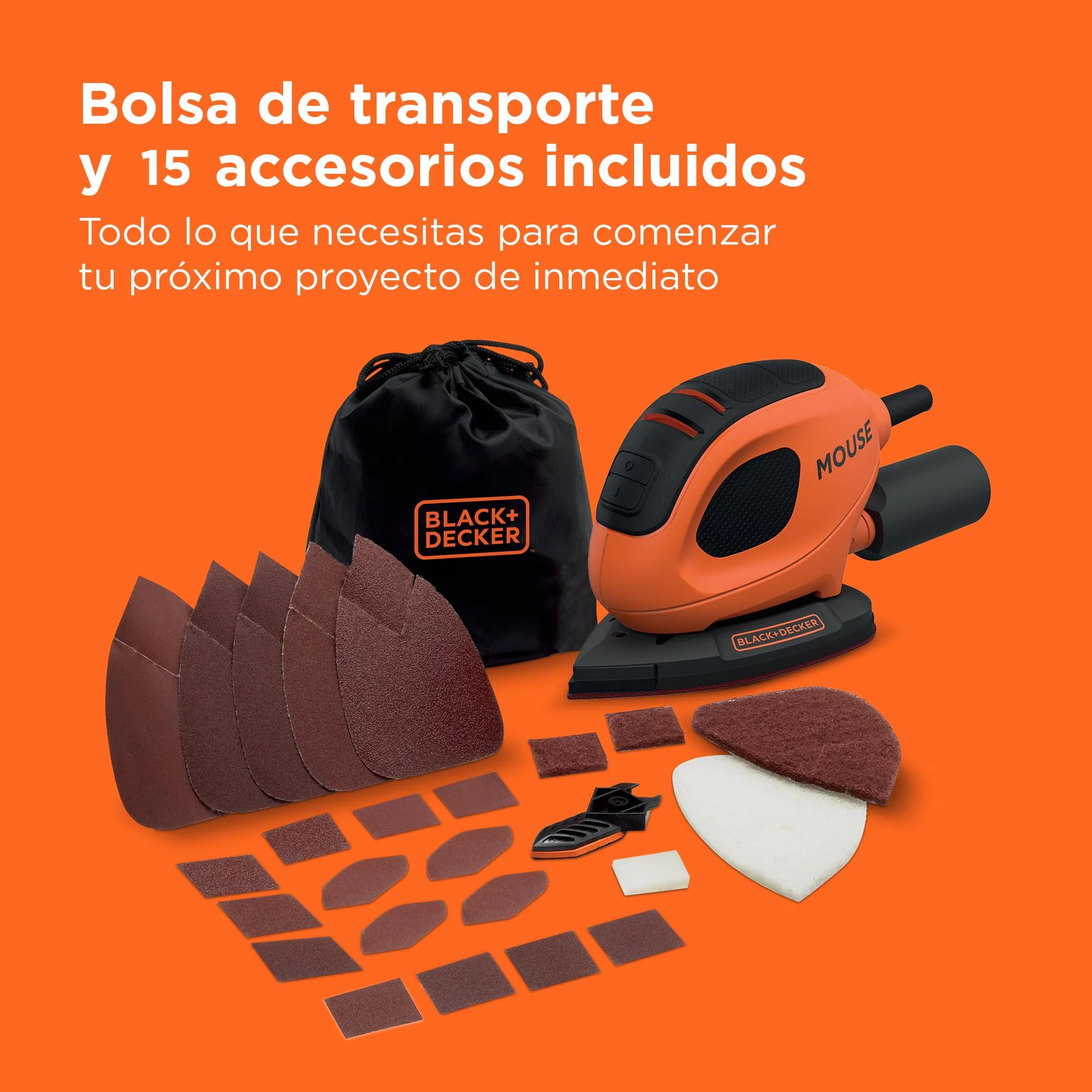 BLACK+DECKER Lijadora de Detalle Mouse 55 W, 11000 RPM, 1.5 mm Órbita, Velcro, 15 Accesorios, BEW230BC-QS