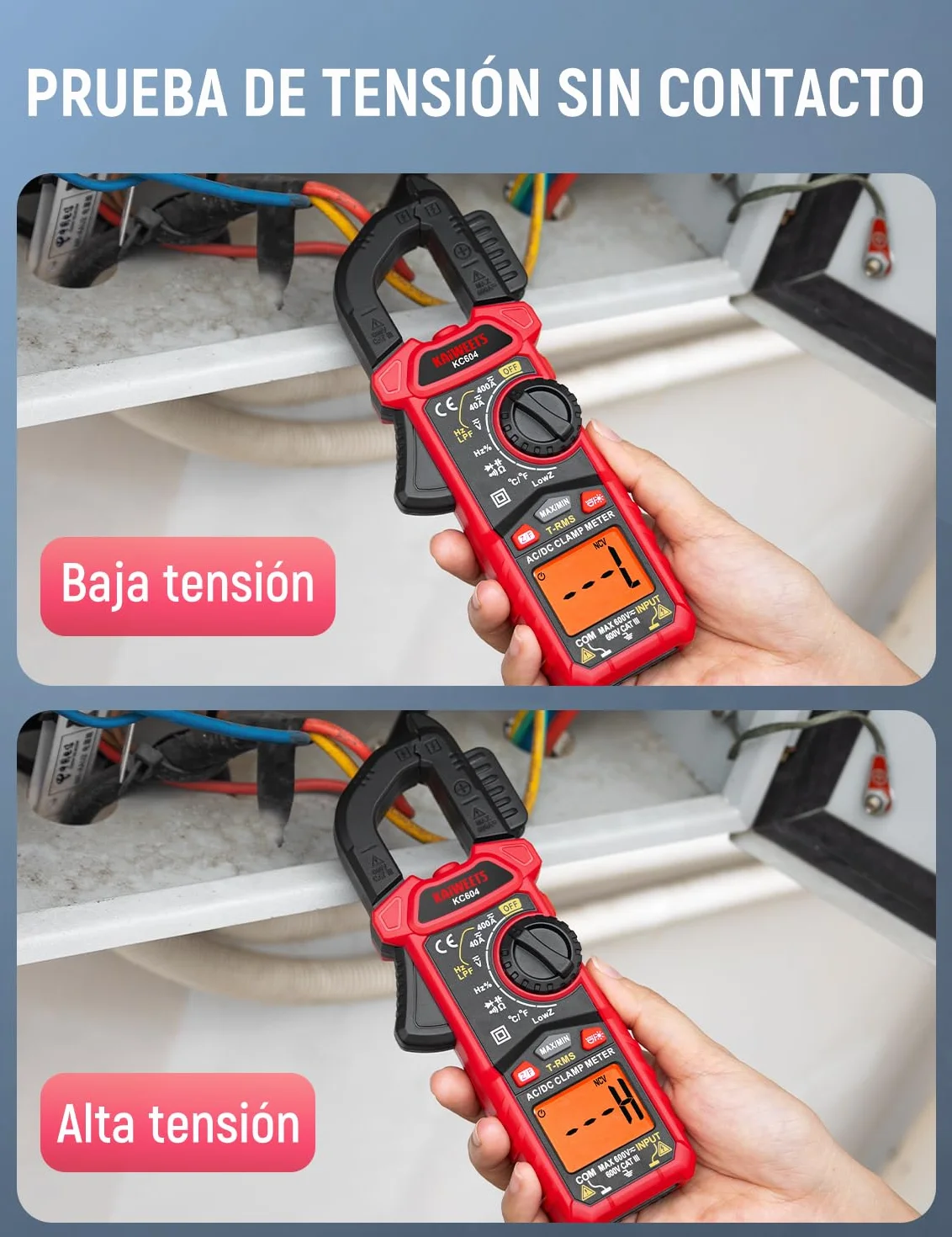 KAIWEETS Pinza Amperimétrica CA/CC, Pinza Multímetro para Medir Voltaje &Corriente CA/CC, Temperatura, Continuidad, NCV, Diode, con Linterna, Luz de Fondo, Mandíbula en Forma de D, KC604