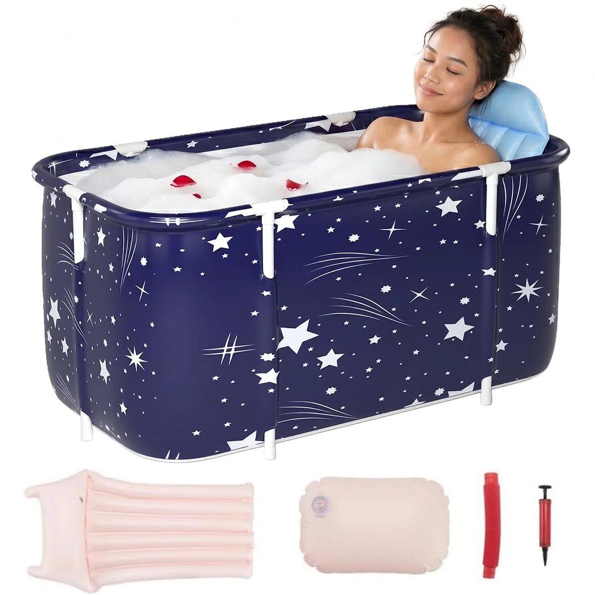 Bañera Plegable para Adultos Portátil 120 x 55 x 50cm Para Baño Caliente, Spa, Cubo De Baño Grueso, Bañera Grande De Múltiples Capas Con Respaldo, Cojín Y Bomba Inflable