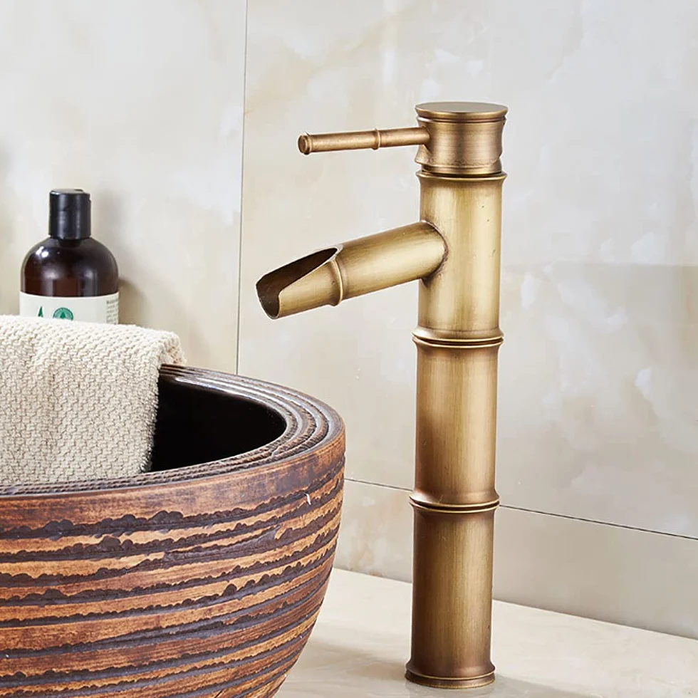 Grifo de baño, grifo de lavabo de bronce retro, grifo de un solo orificio de agua fría y caliente, adecuado para diámetros interiores de 32 mm a 40 mm