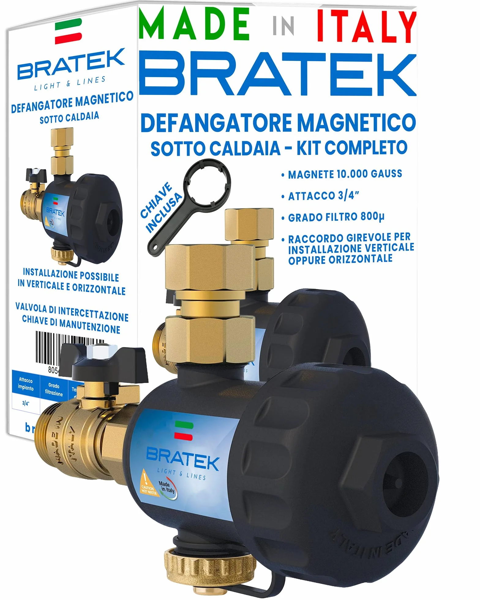 Bratek Defangatore Caldera - Filtro Caldera Defangatore Magnético 10.000 Gauss - Kit salva caldera de condensación, retiene óxido, hierro y arena hasta 800 µ - Conexiones de latón 3/4", 4-90 °C, 6 bar