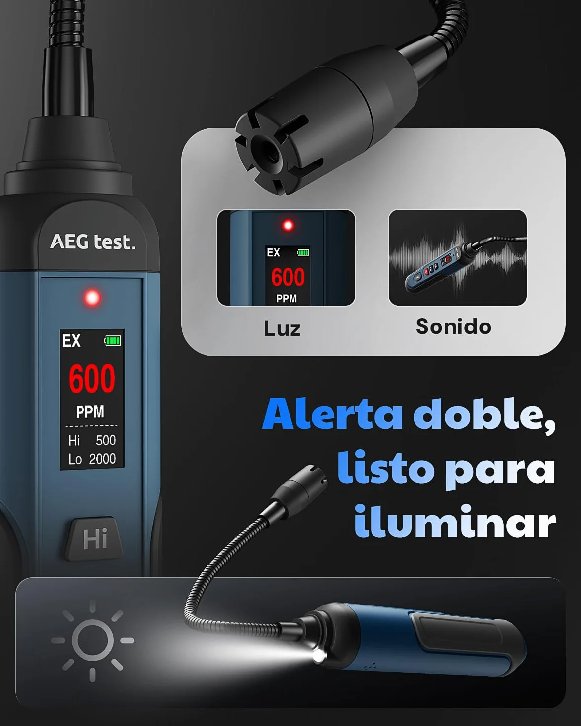 AGT-1988PRO Detector de Gas Natural Recargable, Detector de Gas con Cuello Flexible de 17,5 cm, Pantalla TFT y Rango de 0–9999 PPM para Fugas de propano y metano, para Uso en el hogar y RV
