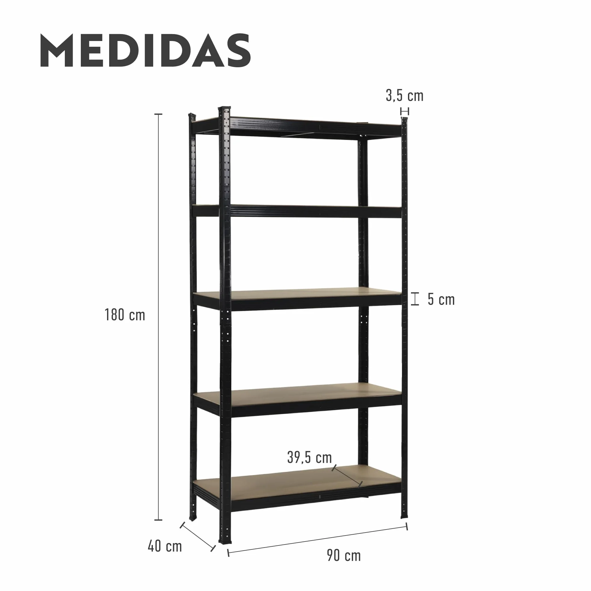 Estantería Metálica de Almacenaje Acero Galvanizado + 5 baldas MDF Ajustables - 180x90x40 cm - Capacidad 875 kg - Sin Tornillos - Garaje, Almacén, Trastero (Negro)