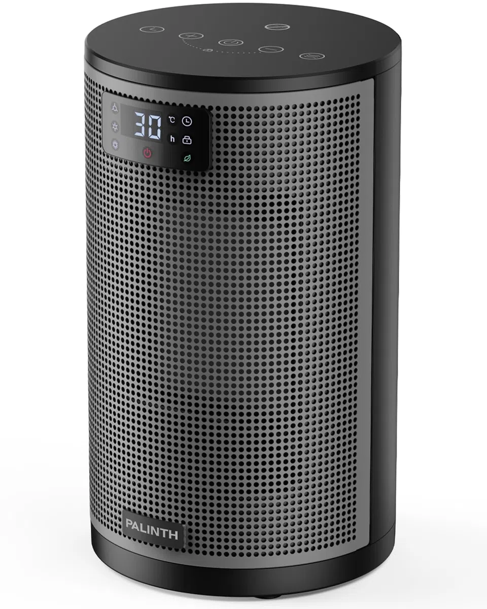 PALINTH Calefactor Cerámico Silencioso Bajo Consumo, Temporizador de 8H, Modo Eco y Ventilador, Calentador Cerámico PTC de 1500W Rápido y Seguro para Oficina Dormitorio Casa