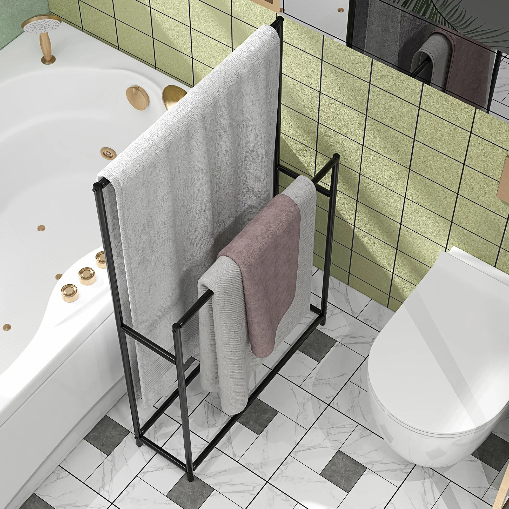 HOMCOM Toallero de Pie 2 Niveles Toallero Escalera Baño 66x20x110 cm Negro