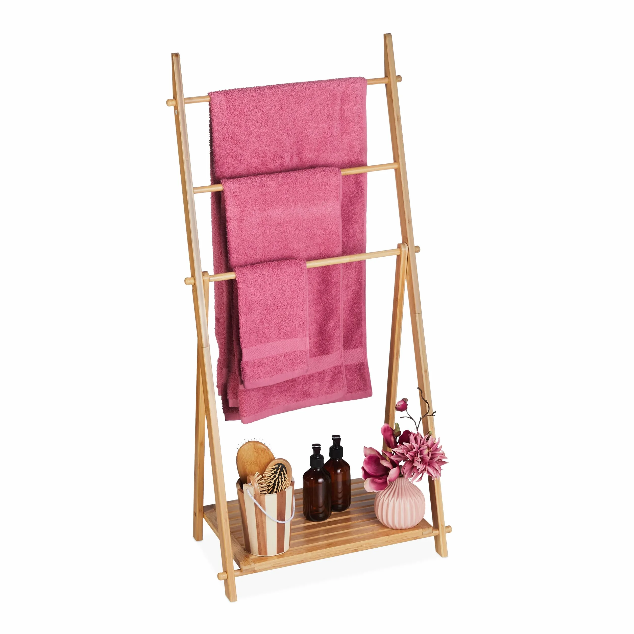 Relaxdays Toallero de Pie Bambú 3 Brazos 110 x 53 x 31,5 cm Plegable Natural