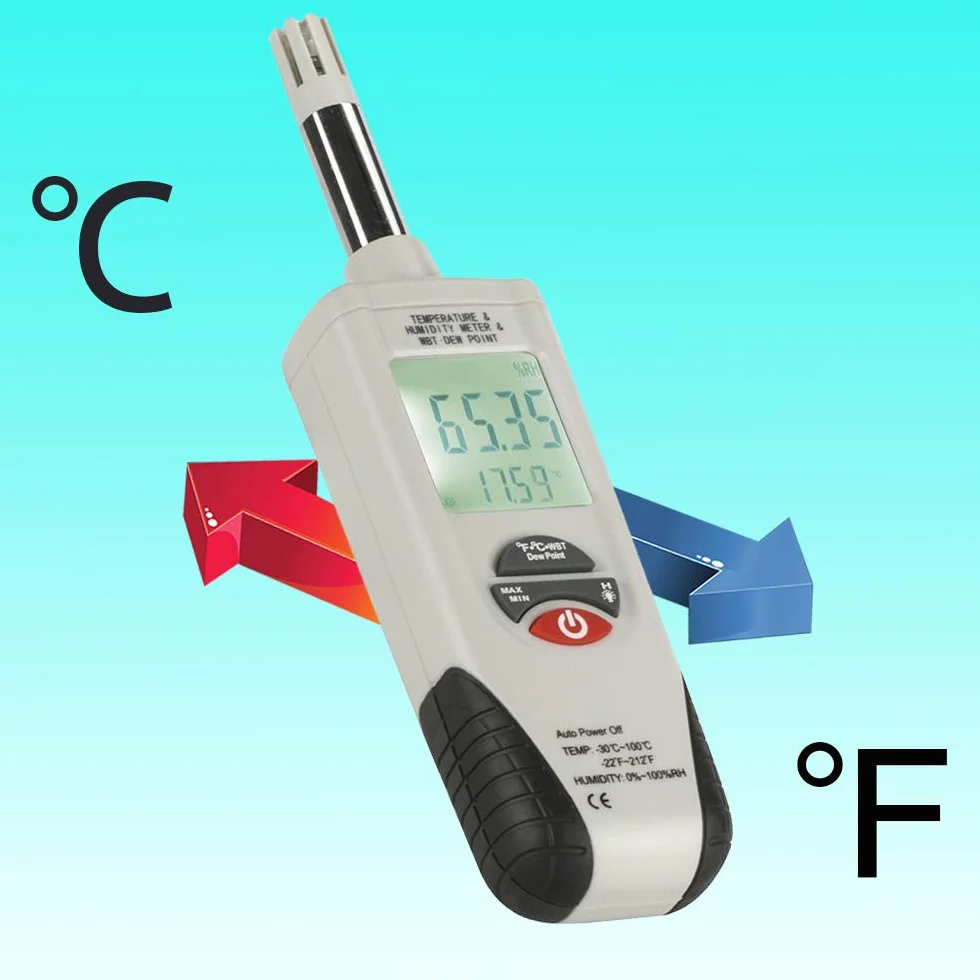 Mengshen Medidor digital de humedad y temperatura. Termómetro e higrómetro multifunción, con bulbo húmedo / punto de rocío, para uso diario e Industray, HT-350