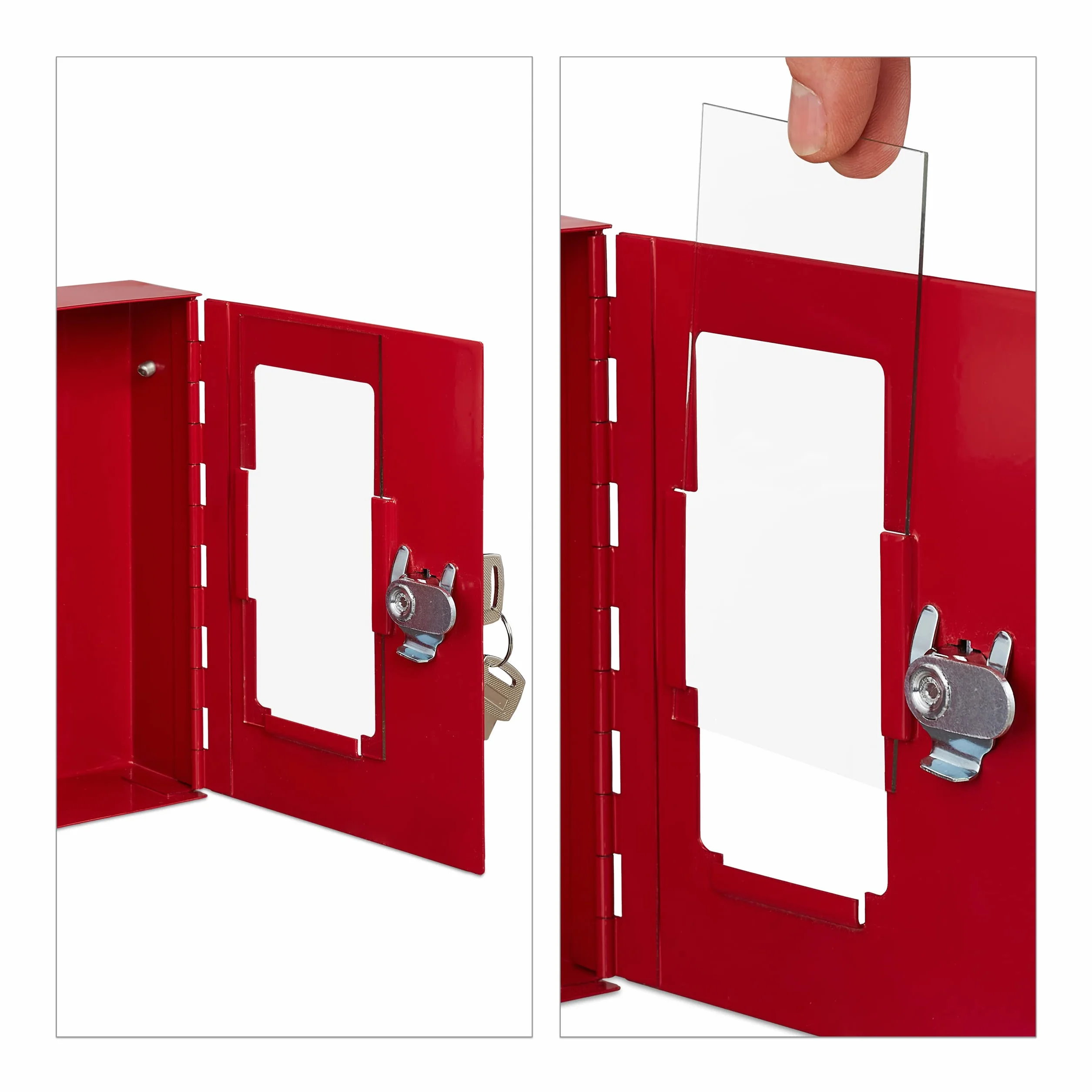 Relaxdays Pack 2 Cajas Llaves de Emergencia Ventana de Cristal Martillo Metal Rojo