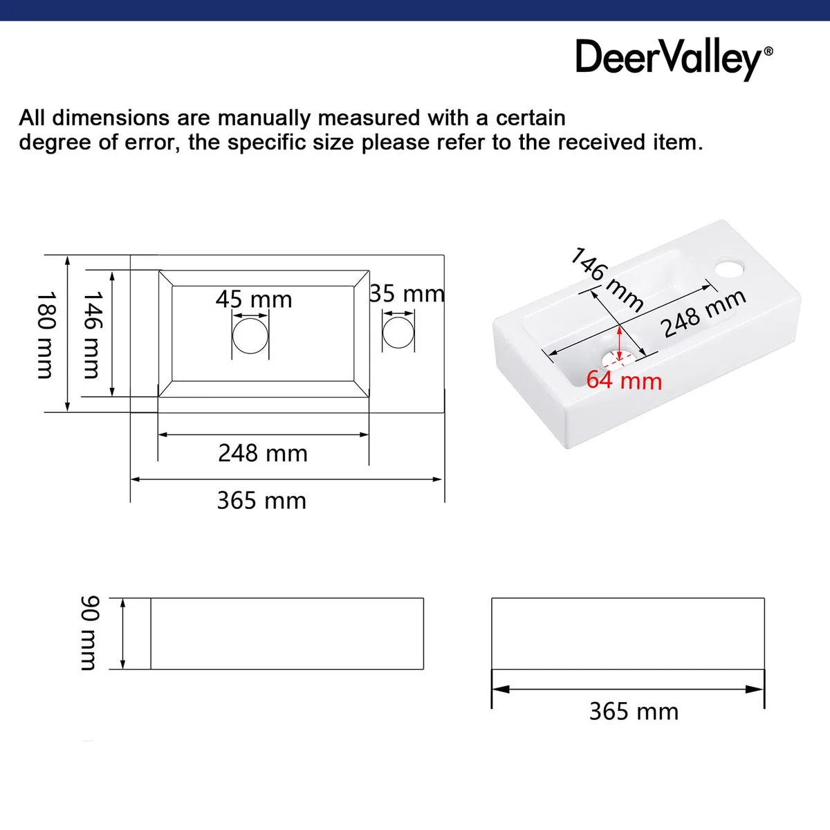 DeerValley DV-1V081R Lavamanos de baño de pared de cerámica, lavamanos de cerámica rectangular blanca en baño pequeño(mano derecha)