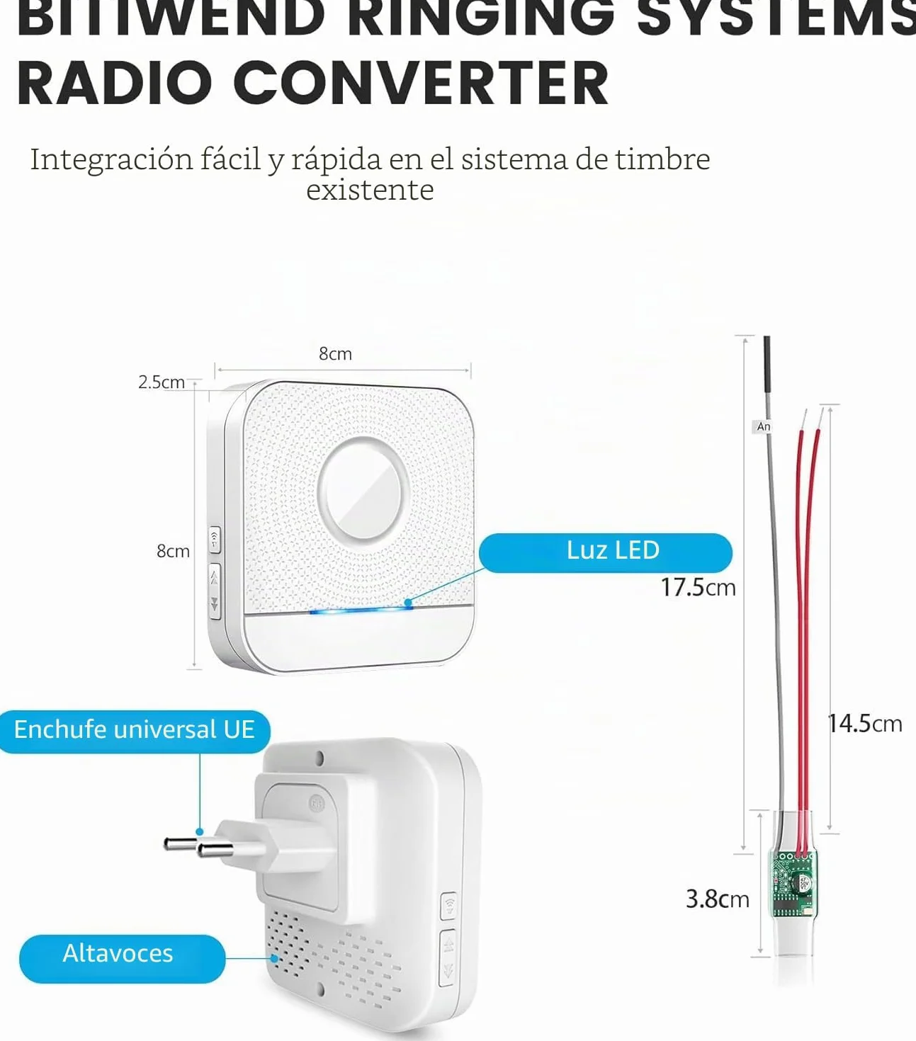BITIWEND Transmisión de señales de Radio Kit de ampliación de Radio Timbre y Campana 1 Convertidor 3-24 V CA/CC + 1 Receptor para Sistemas de Timbre de Corriente Continua/Alterna Existentes