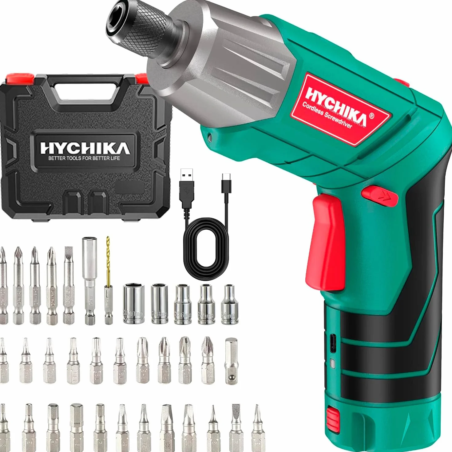 HYCHIKA Atornillador Eléctrico 6Nm, Destornillador Eléctrico (Máximo Par 6 N.m, 3.6V, 2.0Ah) LED Luz como Linterna, Cable USB, 35 Accesorios, Estuche portátil, Para Reparaciones en El Hogar