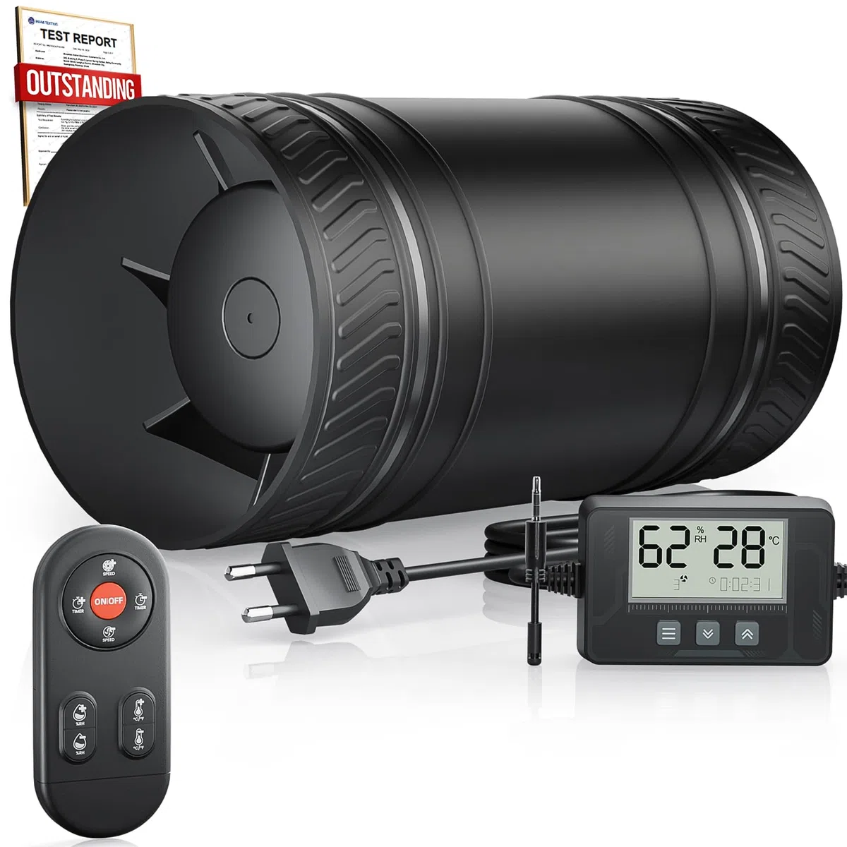 MOCINE Ventilador en línea Ø100 mm con 6 velocidades, sensor de temperatura y humedad, mando a distancia, encendido/apagado automático, funcionamiento silencioso, ideal para sótanos