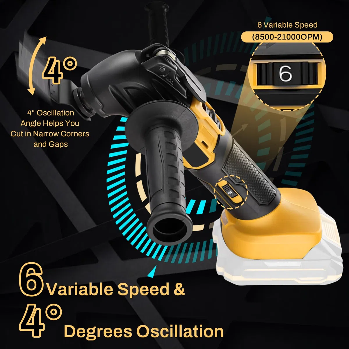 Herramienta Oscilante para batería 20 V, herramienta oscilante multifuncional sin escobillas con 6 velocidades con 23 accesorios para cortar, tallar, lijar y taladrar, sin batería