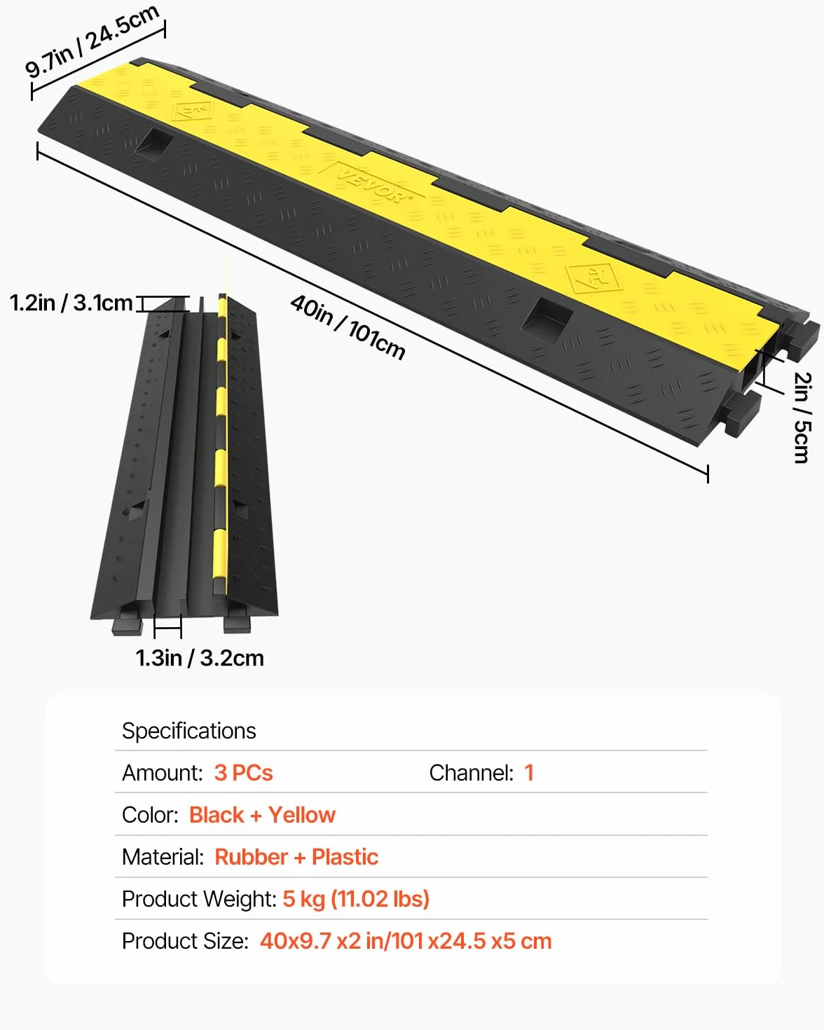 Happybuy Paquete de 3 2 unidades de 1000 libras por eje de capacidad de protección de cable de rampa de entrada de goma de velocidad de tráfico, protector de cable