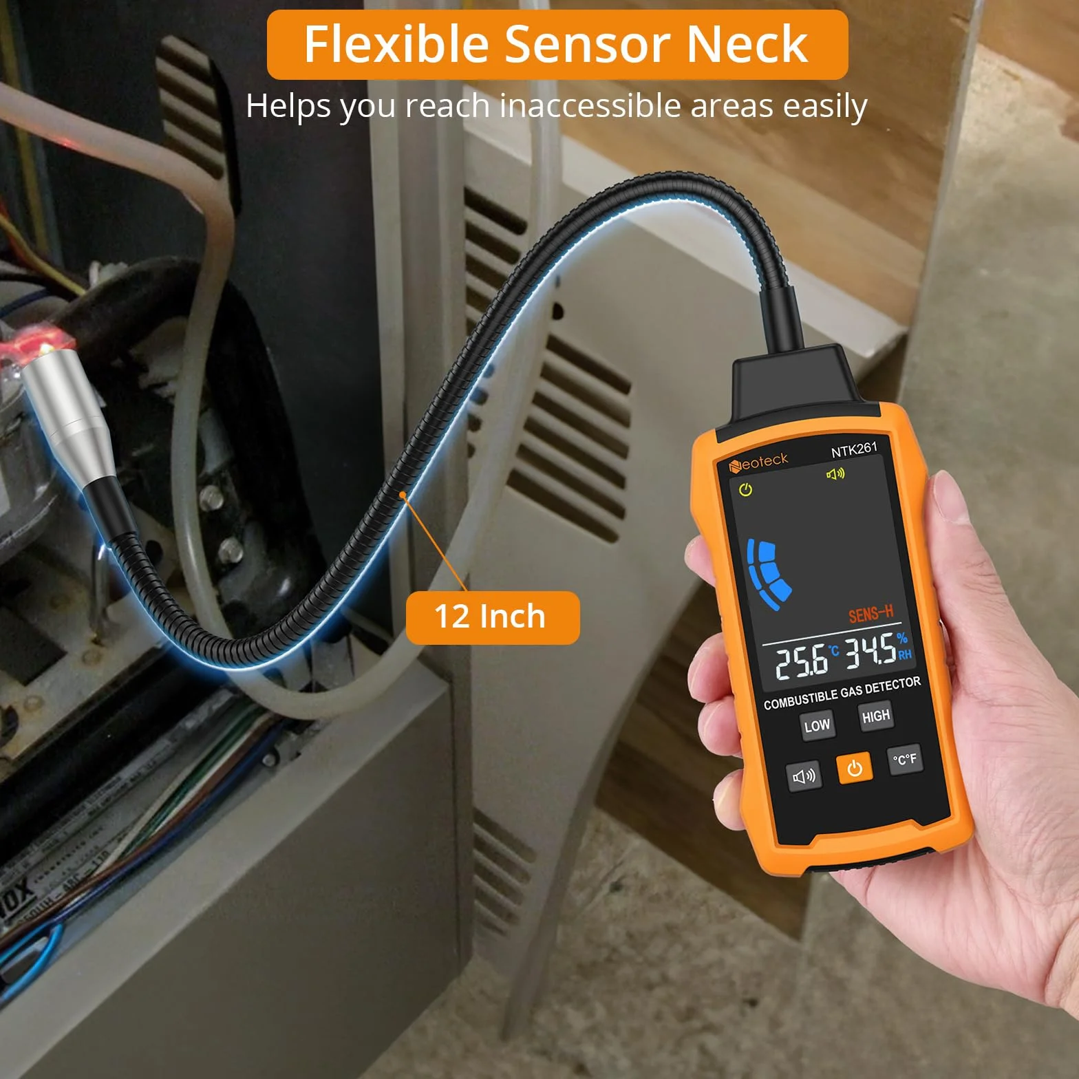 Neoteck Detector de Gas Natural Detector de Fugas de Gas con Sonda Flexible de 12 Pulgadas Detector de Gas Combustible con Alarma Audible y Visual para Vivienda Caravana Estufa Gasoducto
