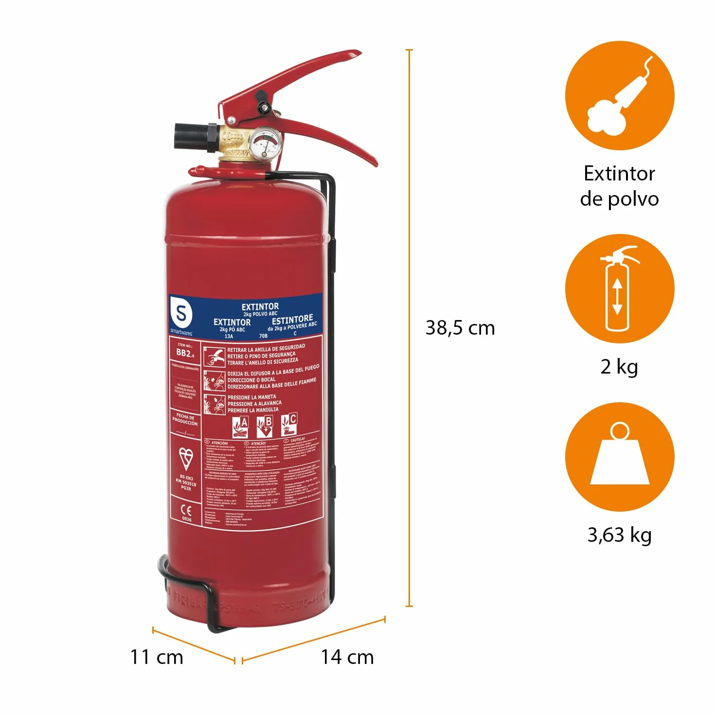 Smartwares Extintor de Polvo 2 kg Fuegos ABC FEX-15122