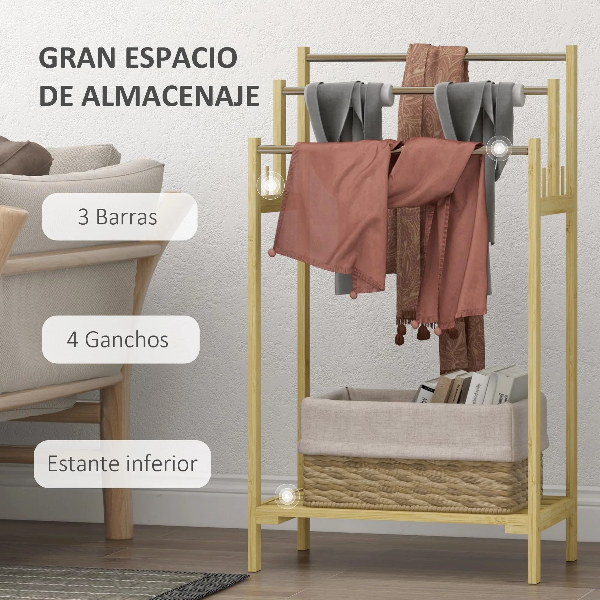 HOMCOM Toallero de Pie de Bambú, Escalera Baño 3 Barras Acero Inoxidable, 50.5x31x90 cm