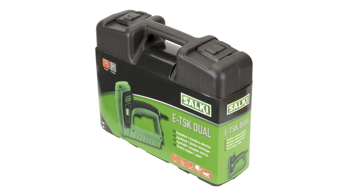 SALKI Grapadora Manual Eléctrica E-TSK Dual – Clavadora y Grapadora de Doble Función, Compatible con Grapas nº 53 y Clavos Brad nº 8, Regulador de Fuerza, 20 Disparos/min, Incluye Grapas y Clavos