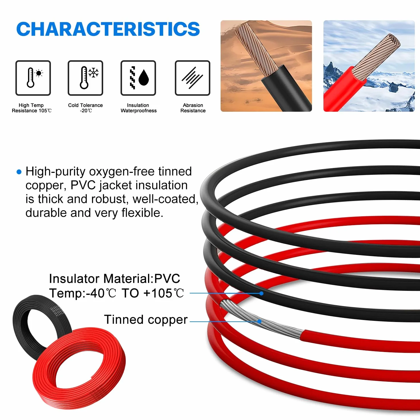 Cable eléctrico de PVC de 6 AWG 13,5mm² 6m de cobre estañado para paneles solares