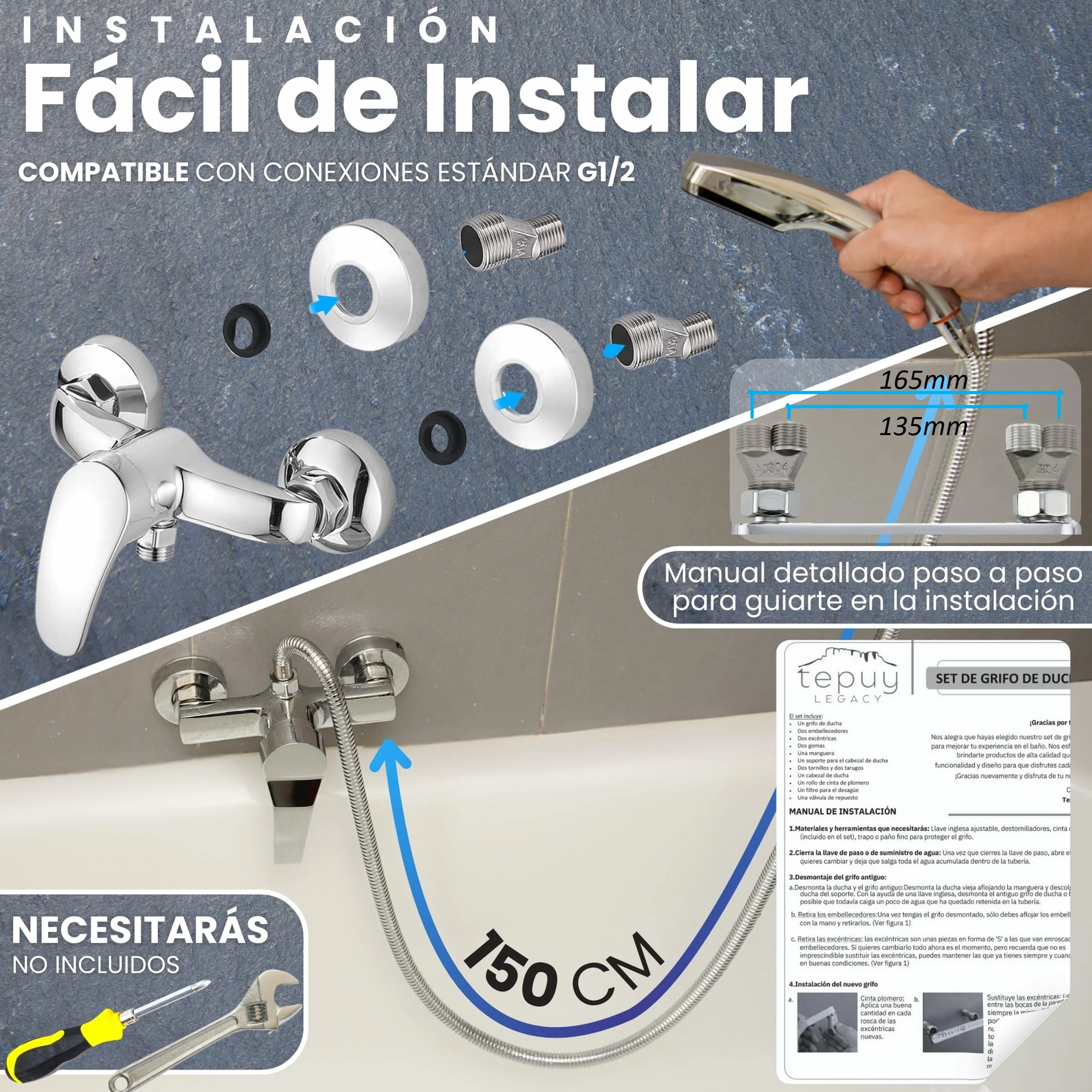 Kit Grifo Monomando Ducha Bañera Plata, Alcachofa, Manguera y Accesorios