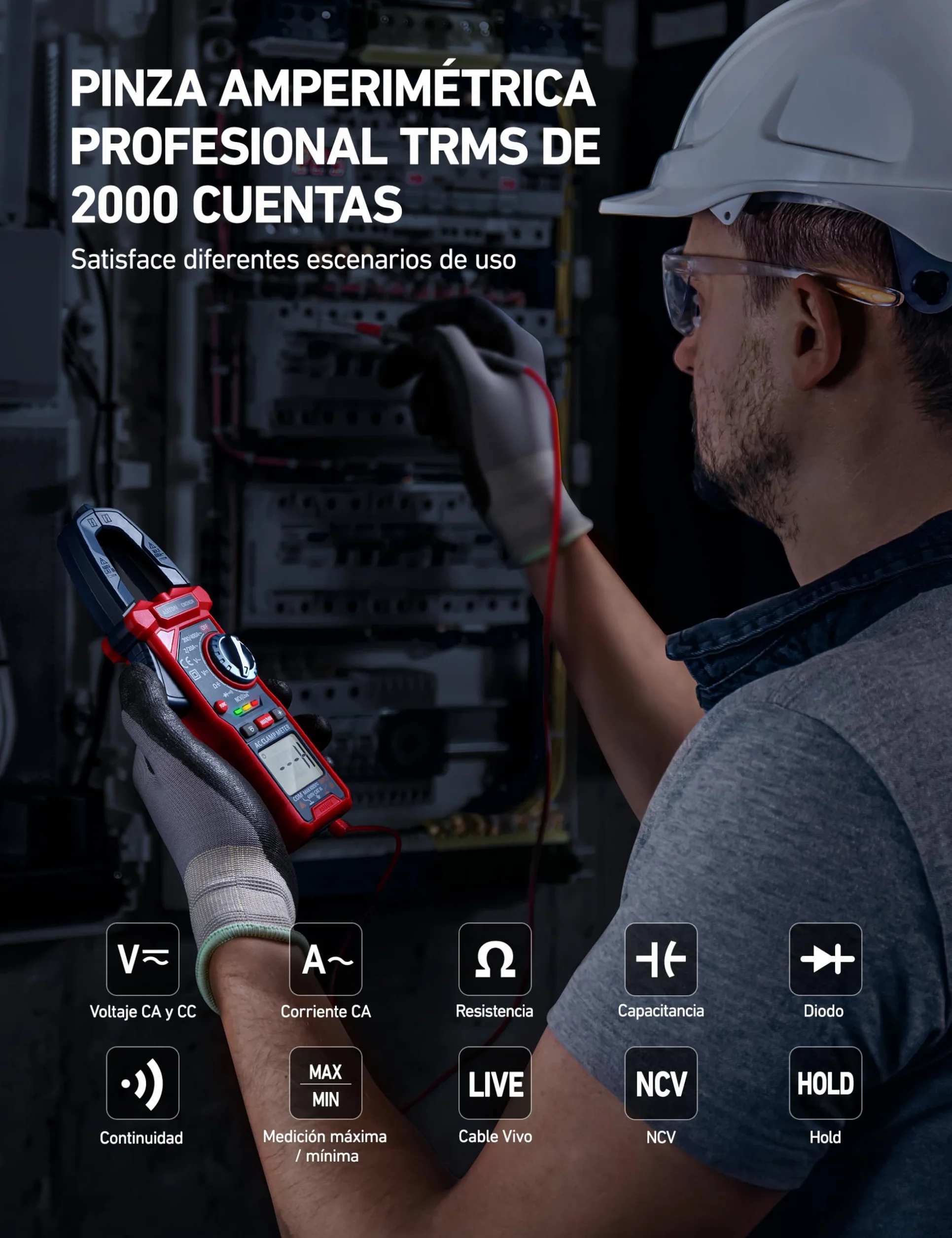AstroAI Pinza Ampérimetrica, Multímetro Digital Profesional, Polímetro, Voltímetro, Tester para Corriente CA, Voltaje CA/CC, Resistencia, Frecuencia, Capacitancia, Continuidad, Diodos de Prueba