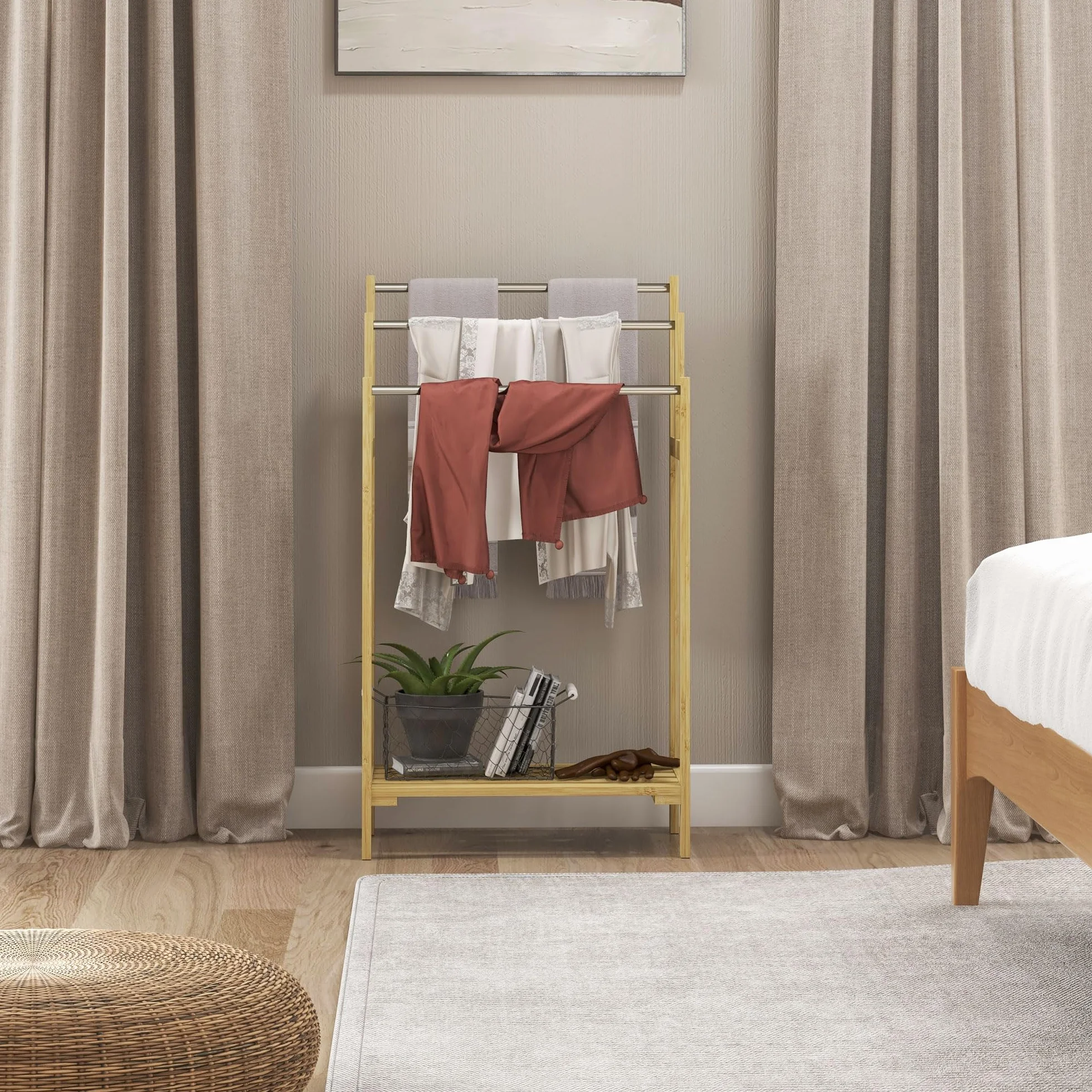 HOMCOM Toallero de Pie de Bambú, Escalera Baño 3 Barras Acero Inoxidable, 50.5x31x90 cm