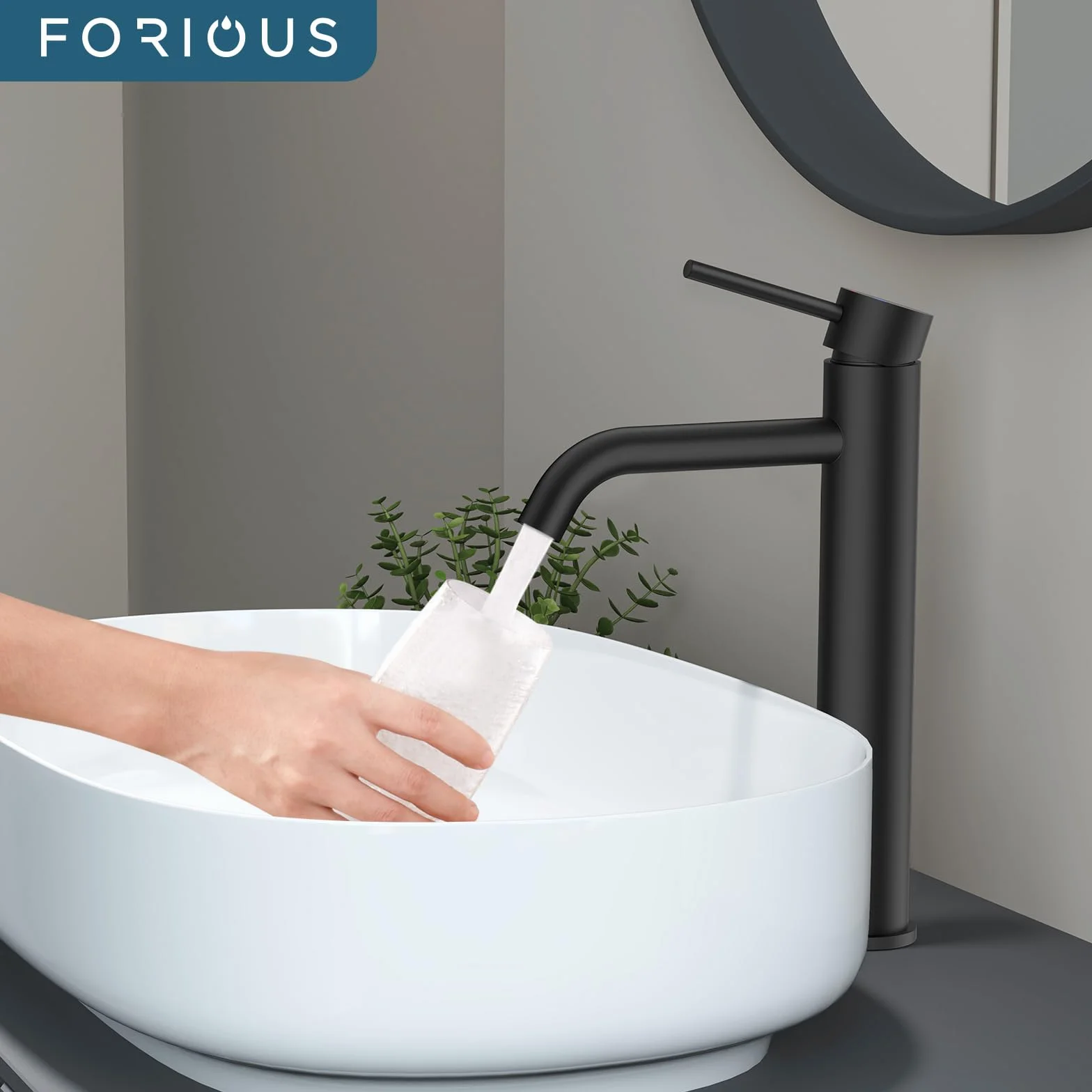 FORIOUS Grifo Lavabo Alto, Grifo Monomando para Lavabo Alto en Negro con Altura de Salida de 190 MM, Mezclador de un Solo Mango para el Lavabo del Baño, Lavamanos, Baño de Invitados
