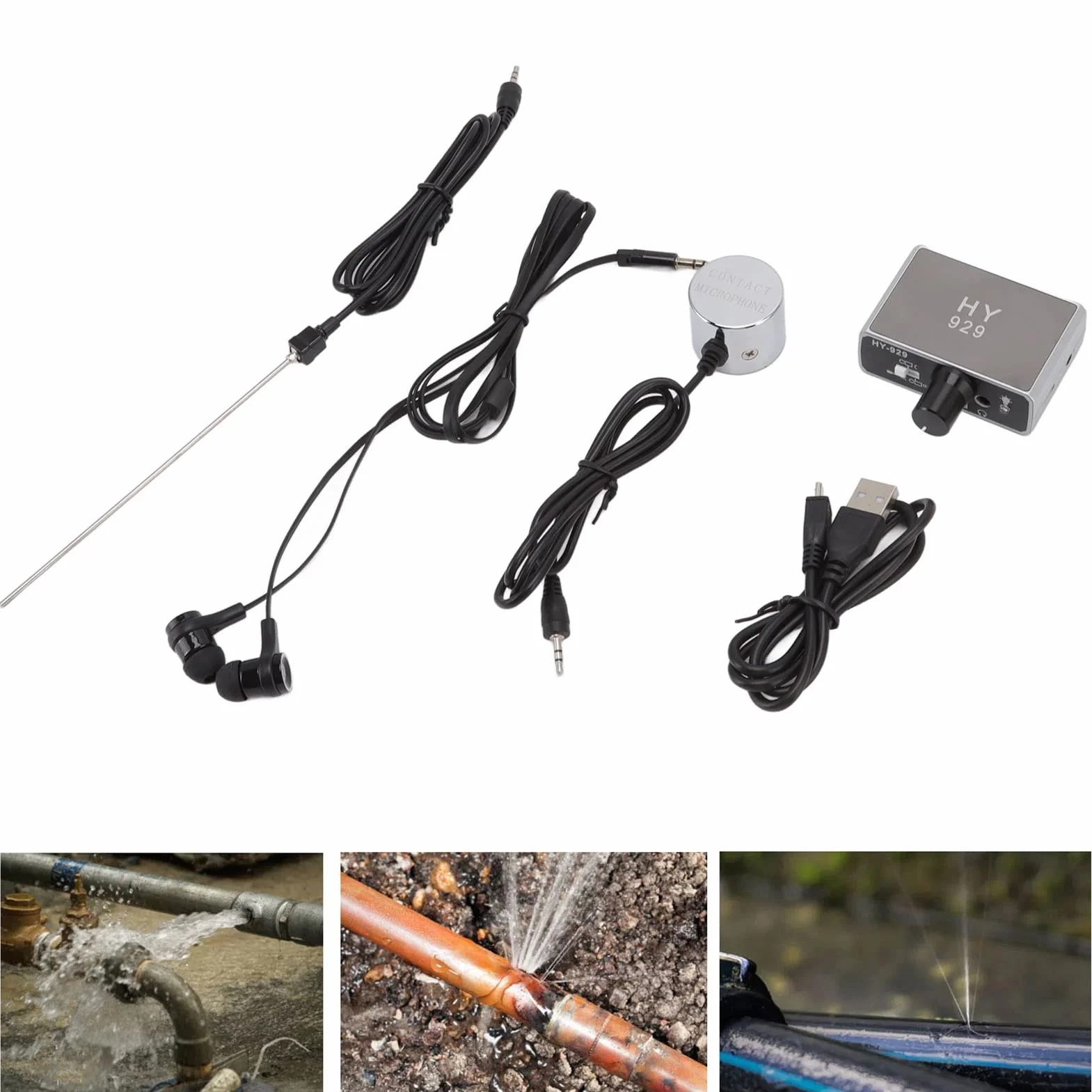 Detector de Fugas de Agua HY 929, Kit de Accesorios para Detector de Fugas de Tuberías de Agua de Alta Intensidad Monitor de Fugas de Tuberías de Agua Subterránea con Auricular