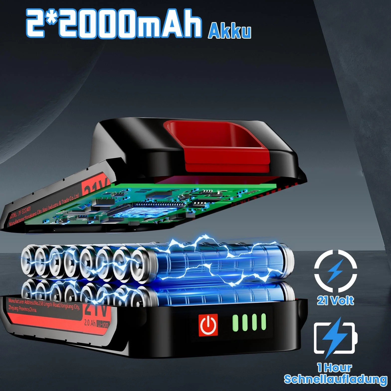 Taladro Percutor a Batería 21V 45Nm Atornillador Eléctrico 2x2.0Ah Baterías 25+3 Ajuste de Par 2 Velocidades LED