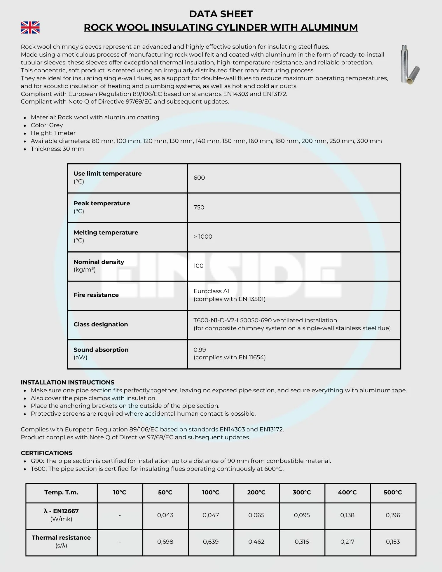 EINSIDE Tubo de lana de roca con aluminio, Aislante para tubos, ø 150 mm