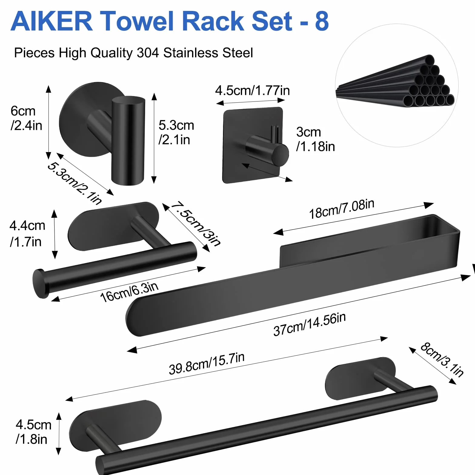 AIKER Toalleros de Baño Sin Taladro, 8 Piezas Juego de Acero Inoxidable 304 para Pared