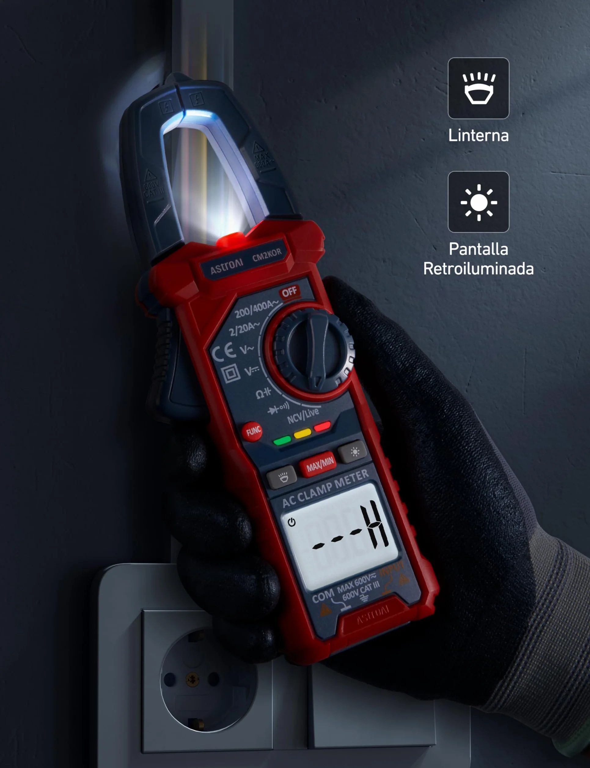 AstroAI Pinza Ampérimetrica, Multímetro Digital Profesional, Polímetro, Voltímetro, Tester para Corriente CA, Voltaje CA/CC, Resistencia, Frecuencia, Capacitancia, Continuidad, Diodos de Prueba