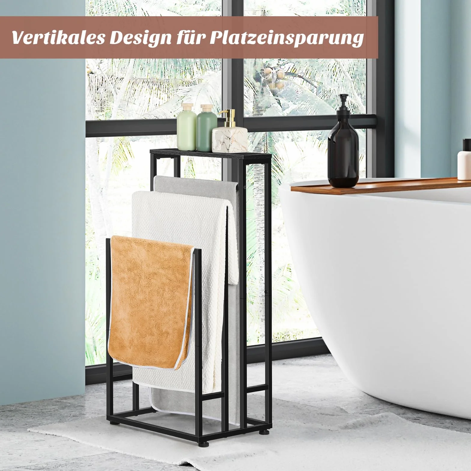 Toallero independiente de madera 3 niveles 40x30x82 cm para baño negro