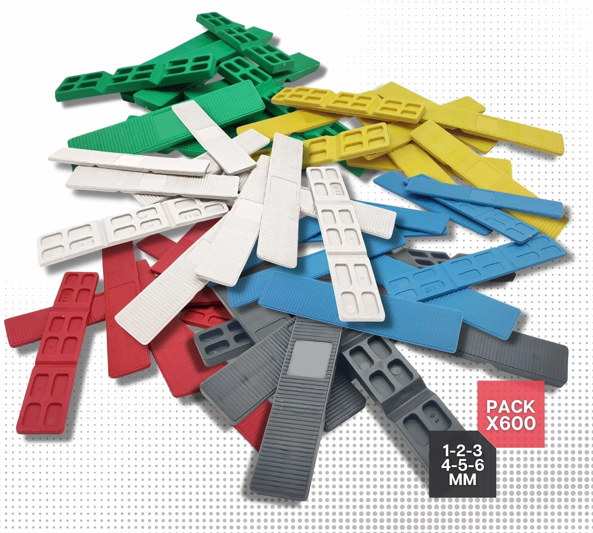 DOJA BARCELONA | Cuñas Acristalamiento 1, 2, 3, 4, 5, 6mm | Cuñas para Cristales Blanco + Azul + Rojo + Amarillo + Negro + Verde | PACK 600 | Cuñas Plastico Espaciar Objetos | Calzos para Cristales