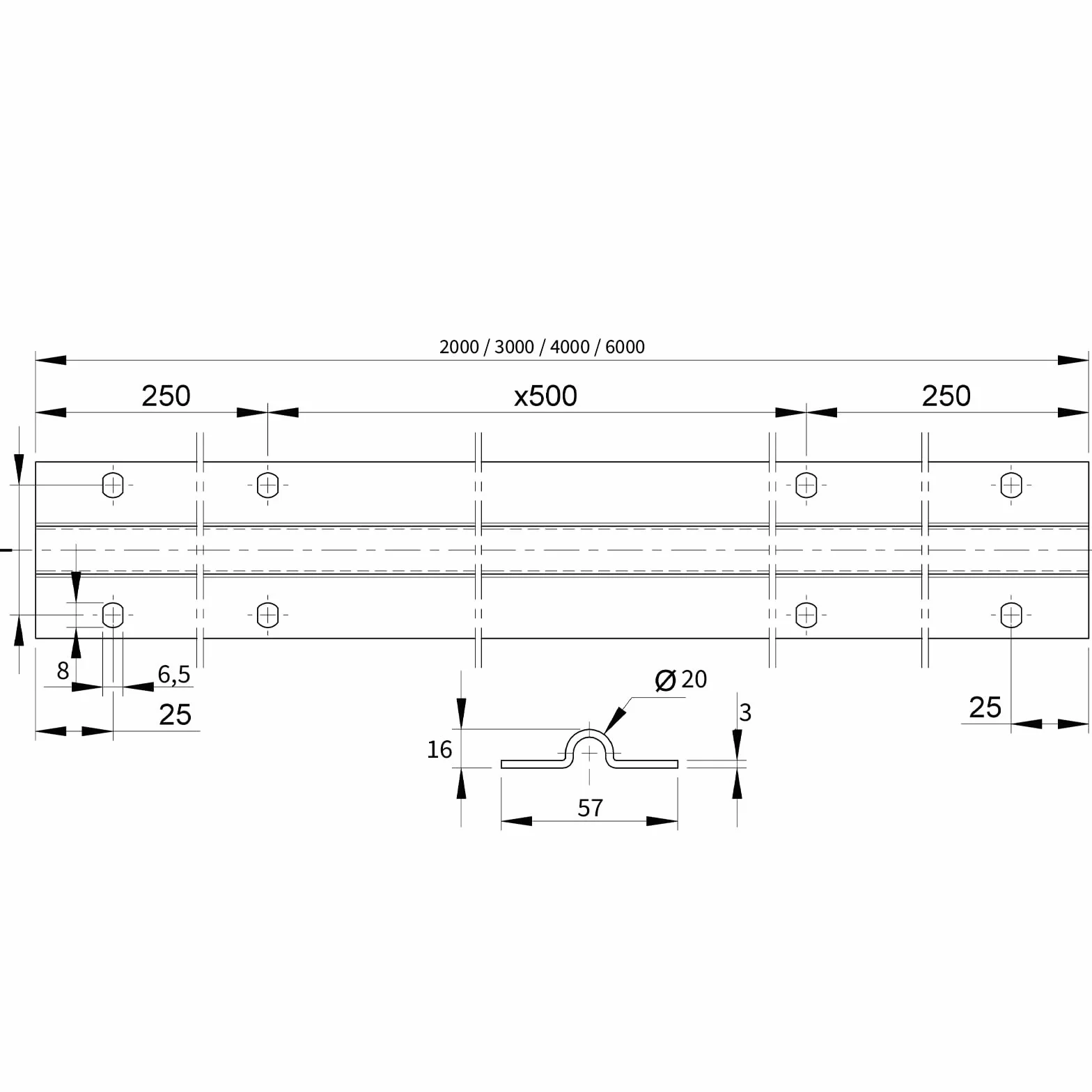 Riel de suelo plano galvanizado 2 m para puertas correderas ruedas 20 mm diámetro
