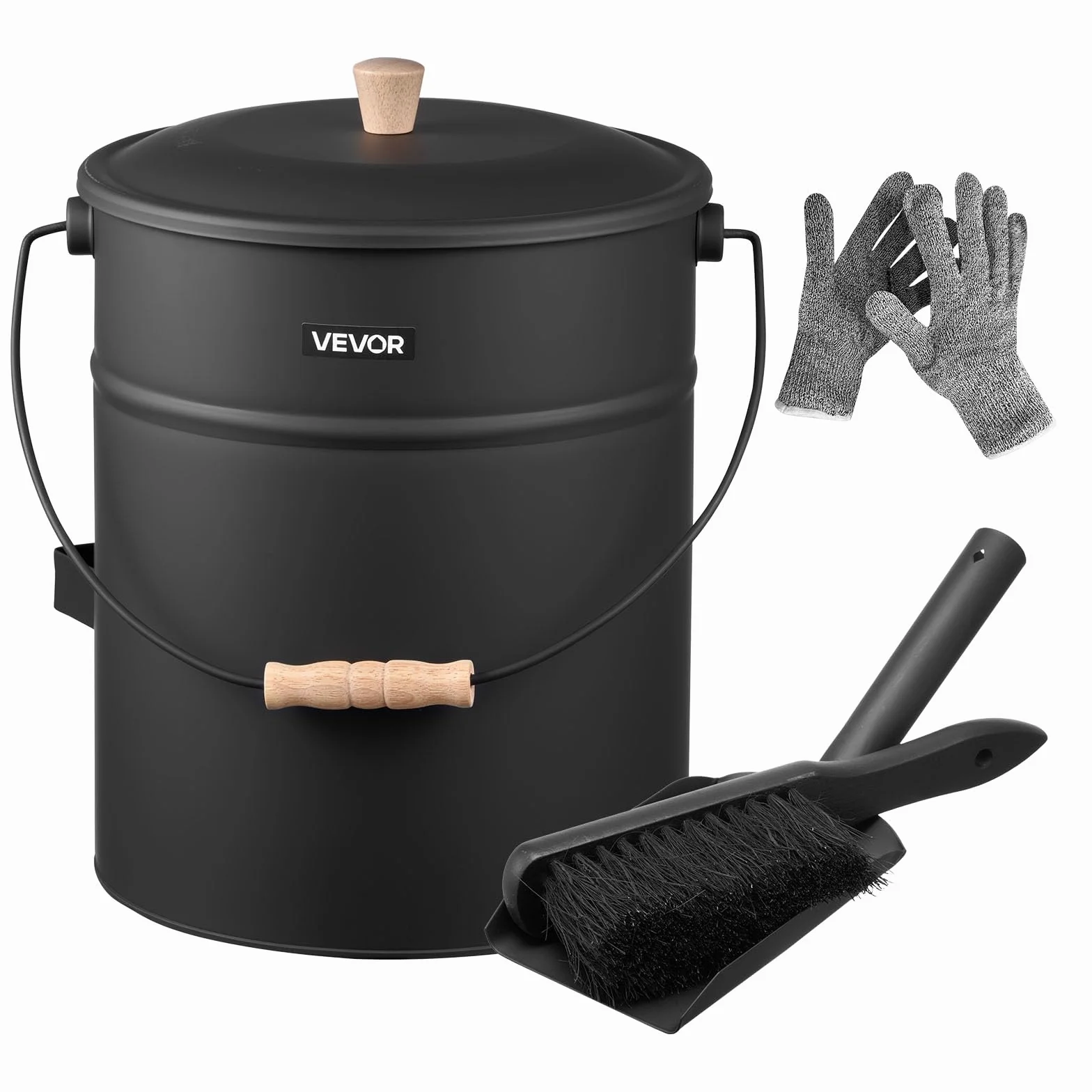 VEVOR Cubo de Cenizas con Tapa 4 en 1, Incluye Cubo para Carbón, Pala, Escoba y Guantes, Capacidad de 15 L para Chimeneas, Fogatas y Estufas de Leña, Acero al Carbono, Color Negro, 254 x 305 mm