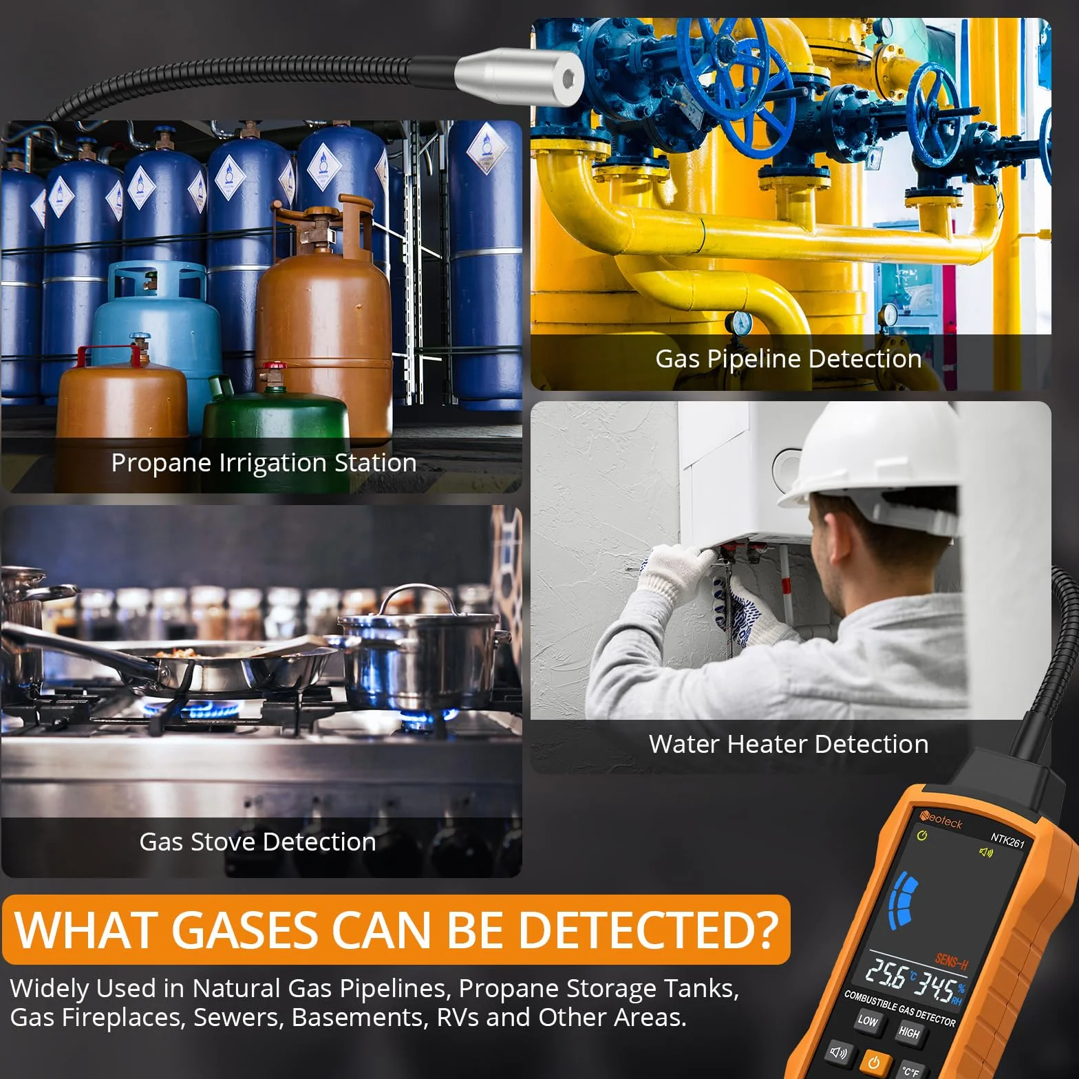 Neoteck Detector de Gas Natural Detector de Fugas de Gas con Sonda Flexible de 12 Pulgadas Detector de Gas Combustible con Alarma Audible y Visual para Vivienda Caravana Estufa Gasoducto