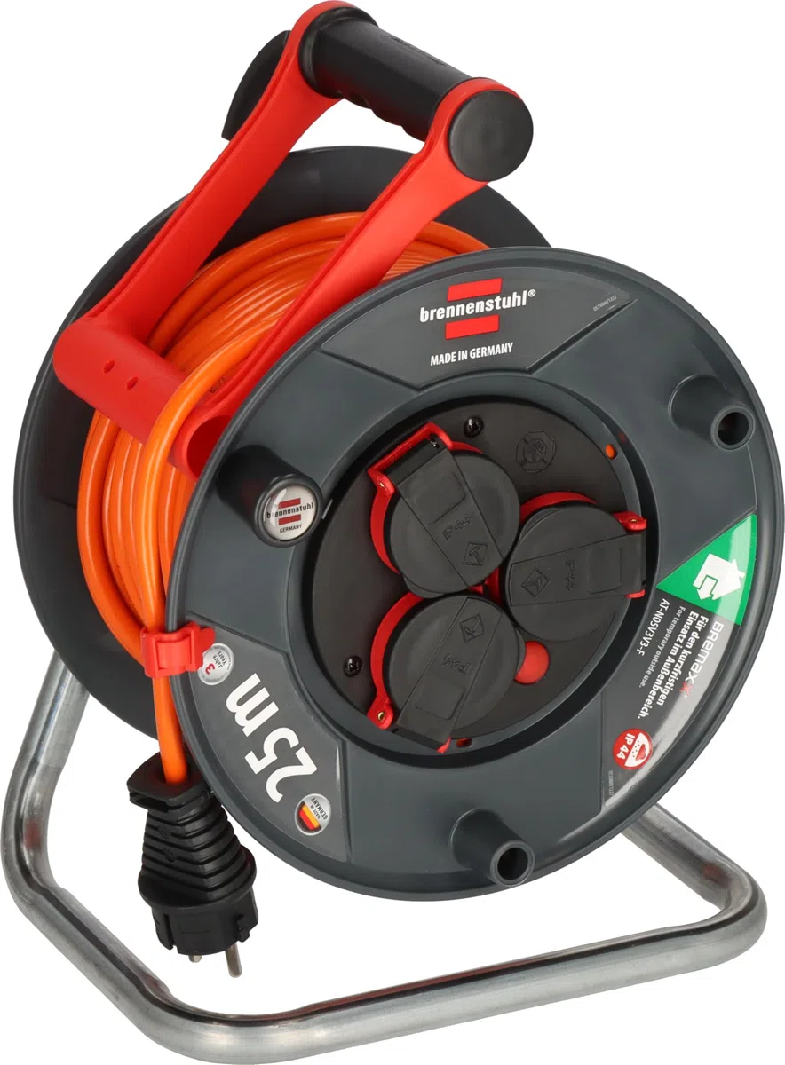Brennenstuhl Garant V2 IP44 Enrollacables 25m exterior (Fabricado en Alemania, 3 conexión a tierra-enchufes, protección contra sobrecalentamiento, uso a corto plazo en exteriores)