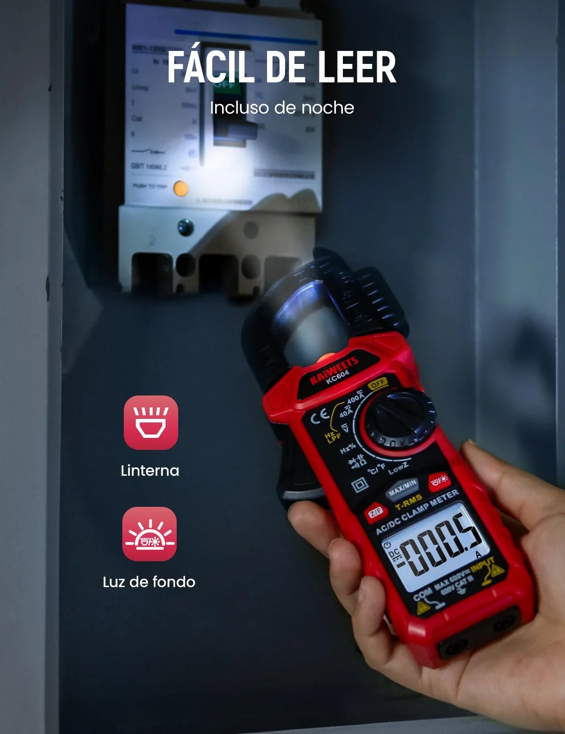 KAIWEETS Pinza Amperimétrica CA/CC, Pinza Multímetro para Medir Voltaje &Corriente CA/CC, Temperatura, Continuidad, NCV, Diode, con Linterna, Luz de Fondo, Mandíbula en Forma de D, KC604