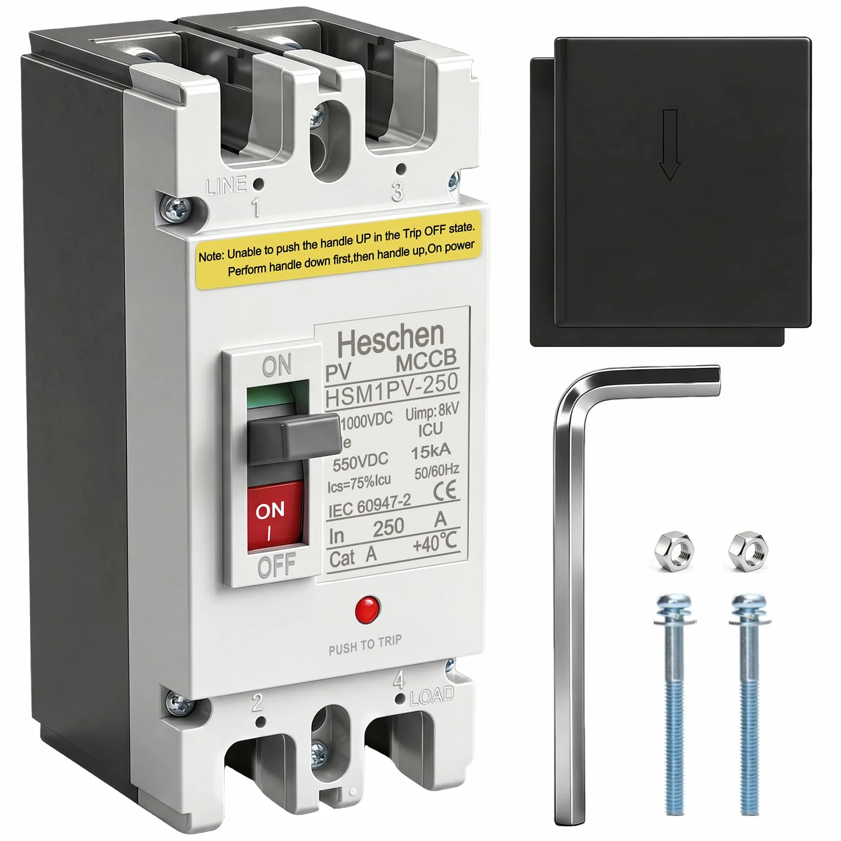 Heschen Disyuntor de caja moldeada CC MCCB, 2P, DC550V, Disyuntor Fotovoltaico, para sistema solar fotovoltaico, Sistema de rejilla de paneles solares (250A, HSM1PV-250)