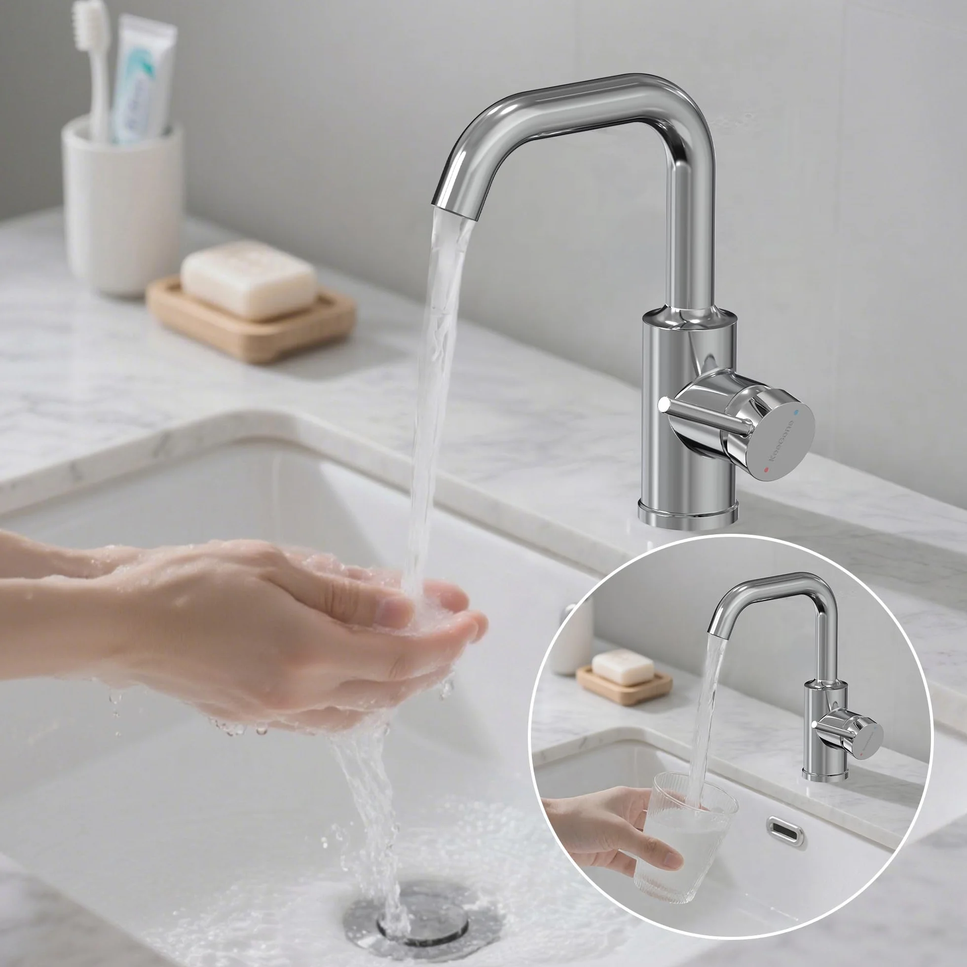 Grifo de Lavabo, Mezclador Monomando de Baño Alto, Caño Giratorio 360°, Acero Inoxidable con Mezclador de Agua Fría y Caliente, Aireador Extraíble, Acabado Cromo
