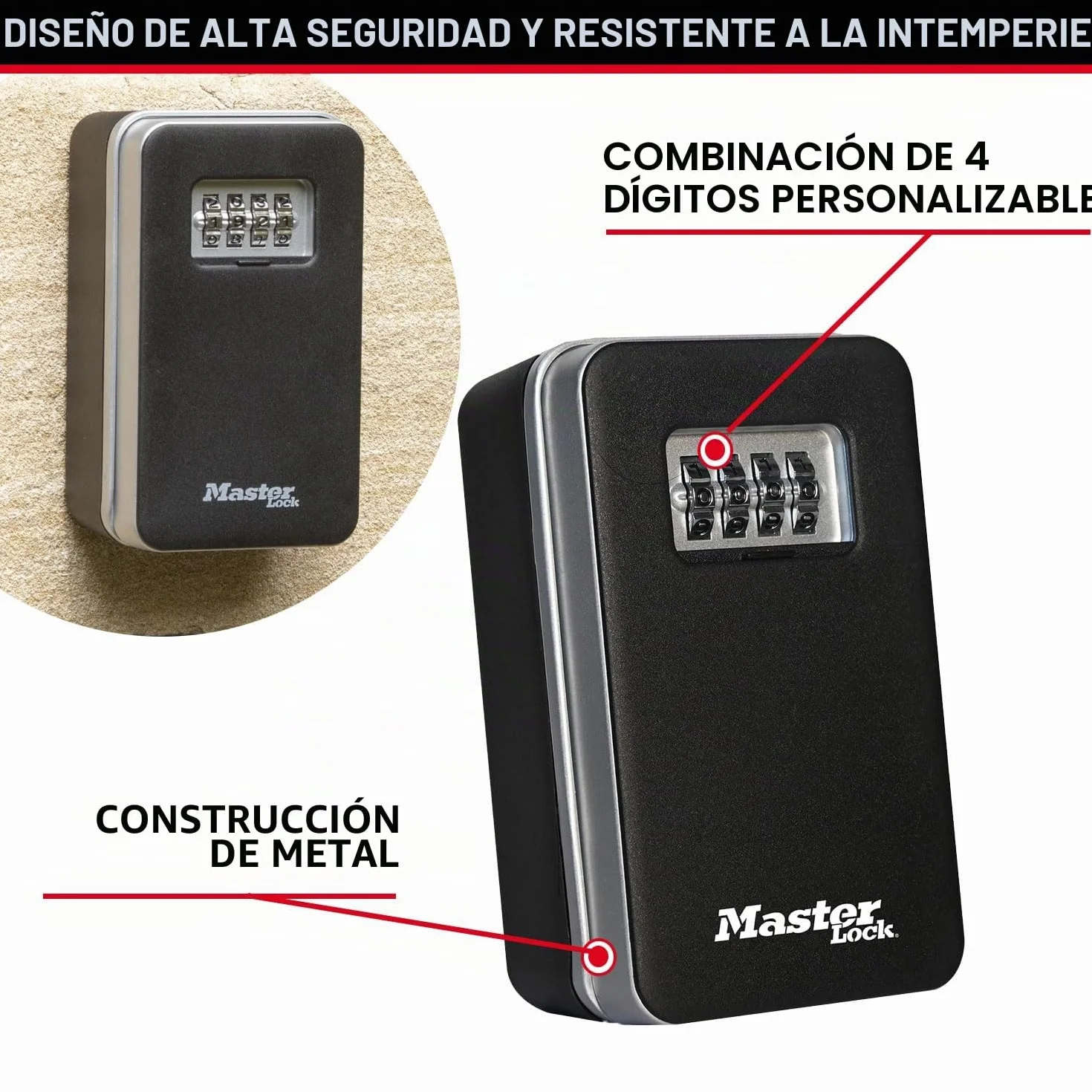 Master Lock Caja de Seguridad para Llaves en Pared, Mediano, Exteriores, Negro, Sistema Tirar para Abrir