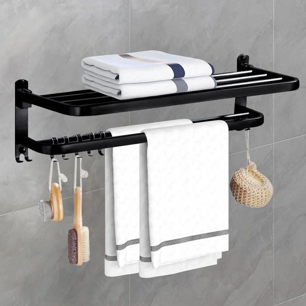 Toallero Montado Pared Plegable 2 Niveles con 5 Ganchos Sus 304 Acero Inoxidable Negro 23 Pulgadas