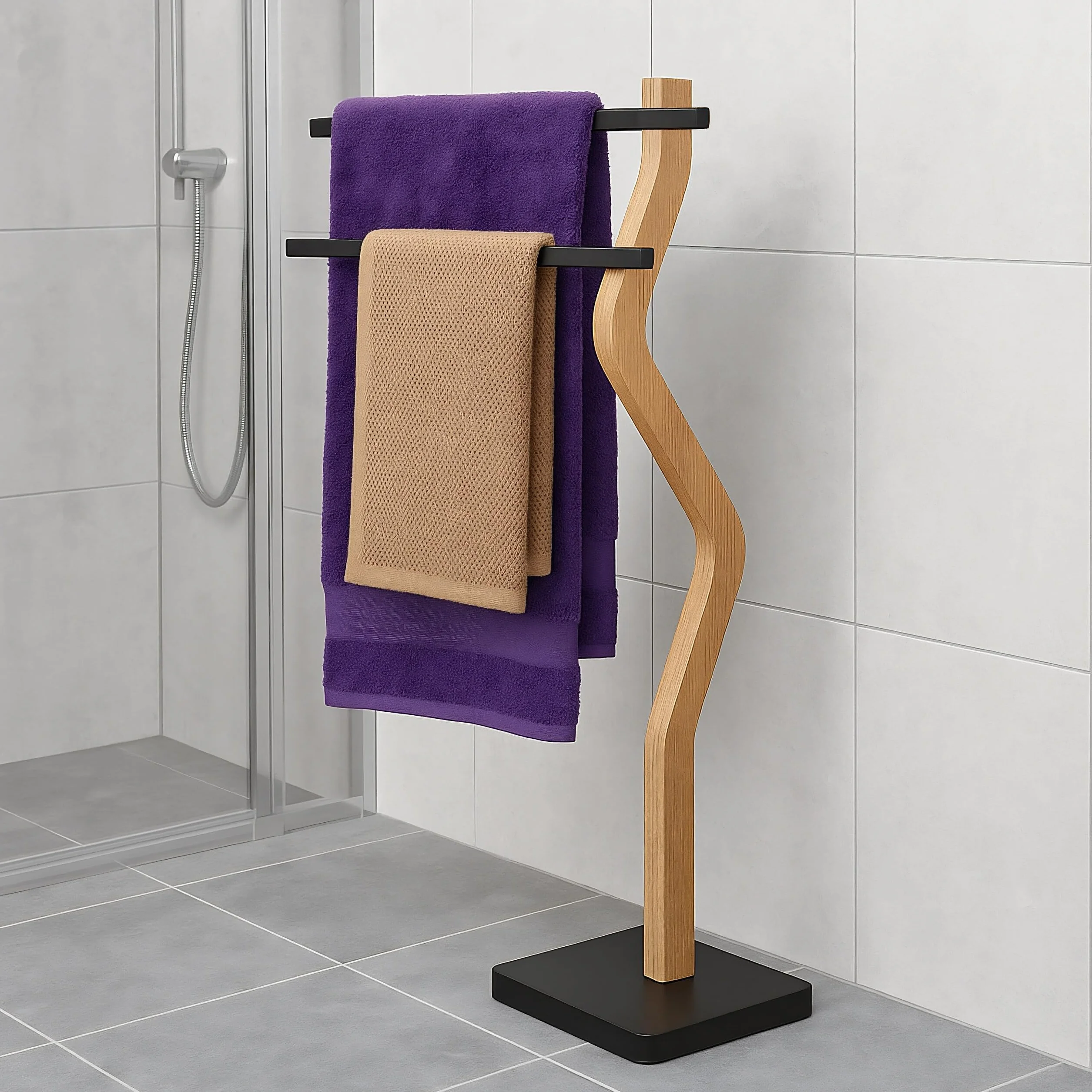 Toallero Relaxdays 86 x 37 x 18 cm Metal Madera 2 Varillas Soporte de Toallas Negro Natural