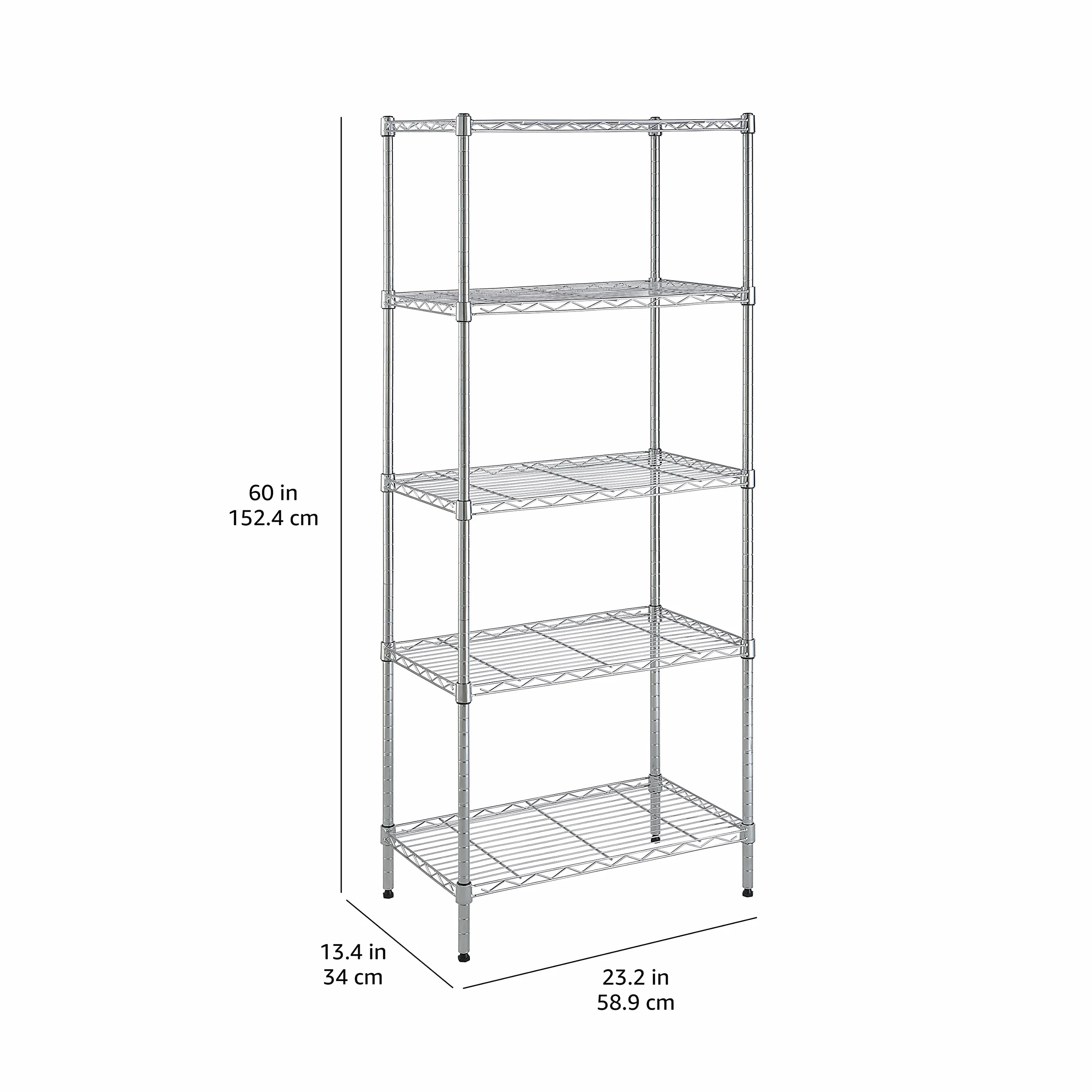 Amazon Basics Unidad de almacenamiento estrecha de 5 baldas con estantes ajustables en altura y patas niveladoras, peso máximo de 453 kg, Cromado, 34 cm x 58.9 cm x 152.5 cm (D x W x H)