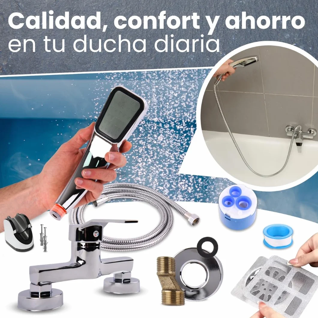 Kit Grifo Monomando Ducha Bañera Plata, Alcachofa, Manguera y Accesorios