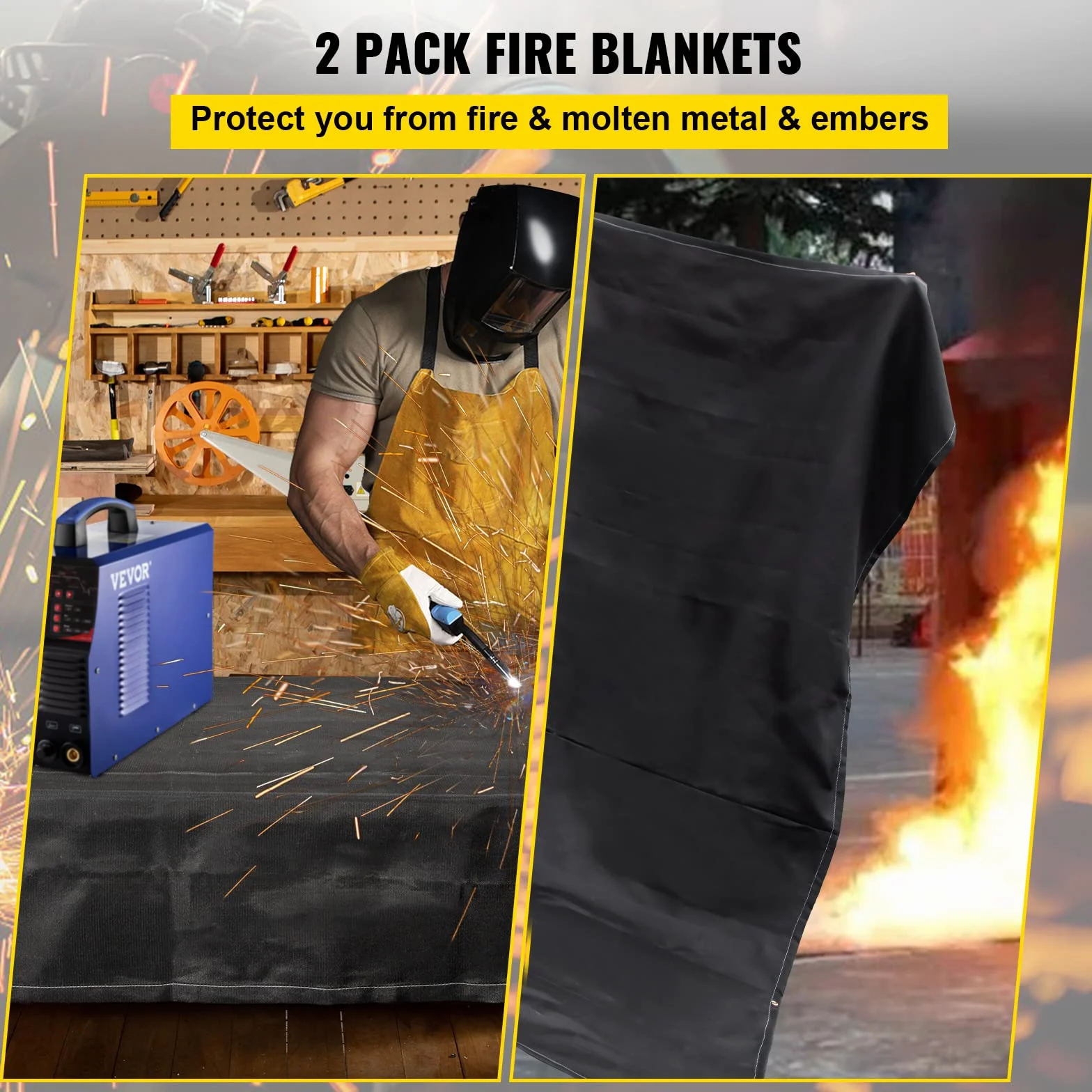 VEVOR Manta de Soldadura Ignífuga 2 Piezas 1,83 x 3,05 m Fibra de Vidrio Resistente al Calor 550 °C 8 Ojales Latón Negro