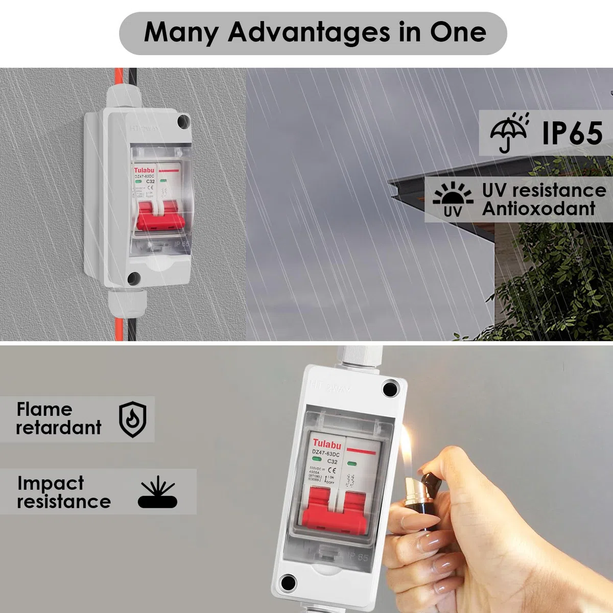 Interruptor Desconexión Solar Fotovoltaica DC 500V 32A IP65 Impermeable | Caja de Seccionador Aislador para Paneles Solares | Protección de Circuito PV | Seguridad Eléctrica Exterior