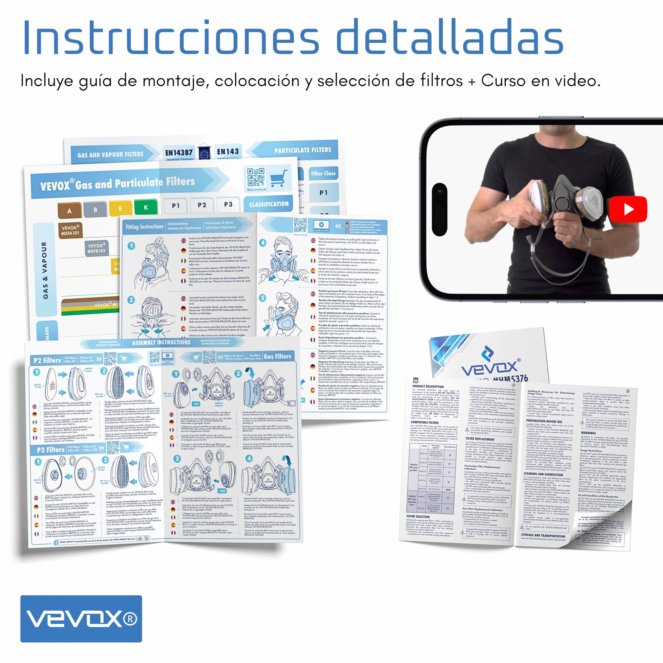VEVOX® Máscara respiratoria con filtro A1P2 – Protección contra gases, vapores y partículas finas de polvo – Ideale para pintura, lijado y obra – Con 6 filtros P2 antipartículas y 2 A1 antigás
